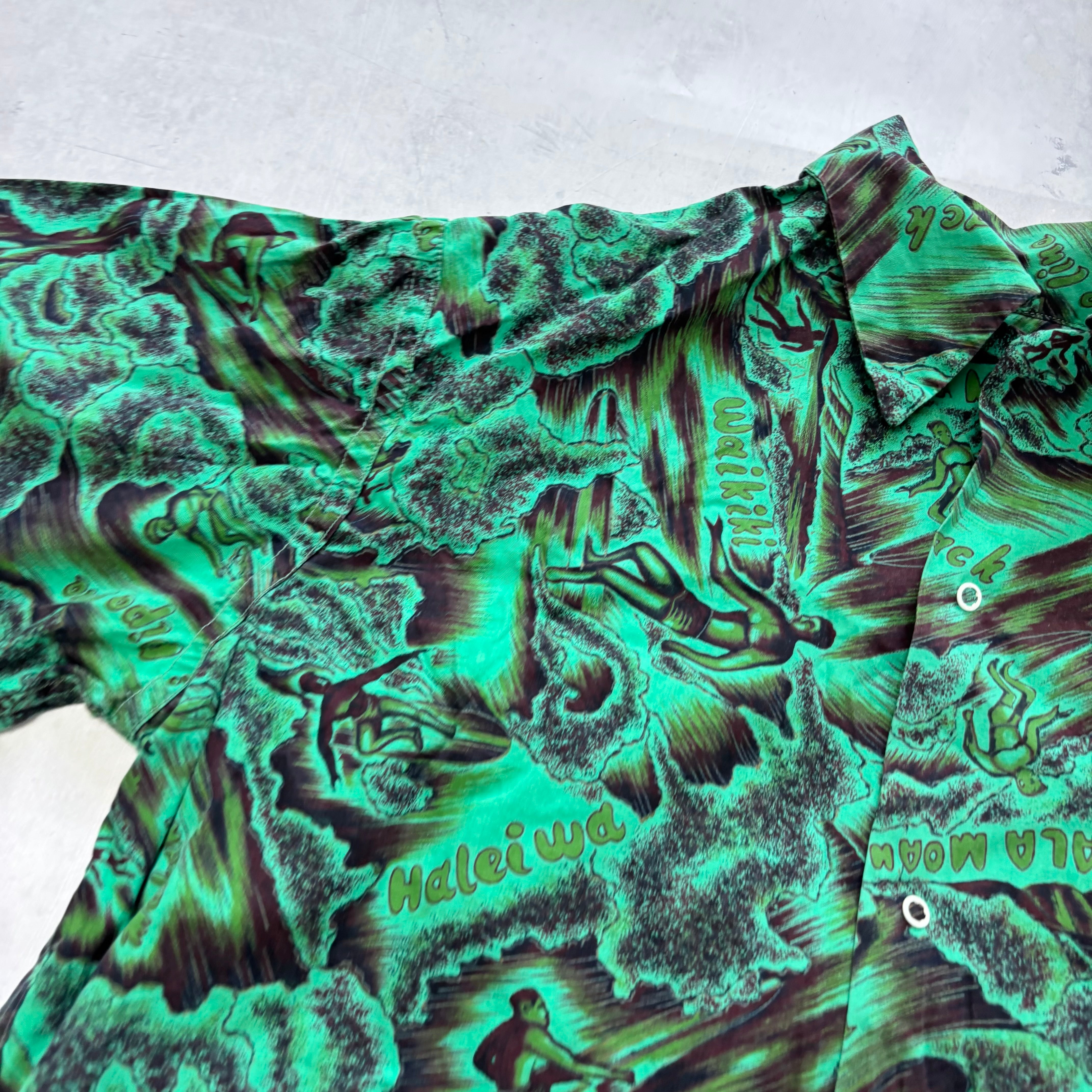 Vintage Hawaiian Shirt Mens Medium Green Floral Aloha Short Sleeve (E)