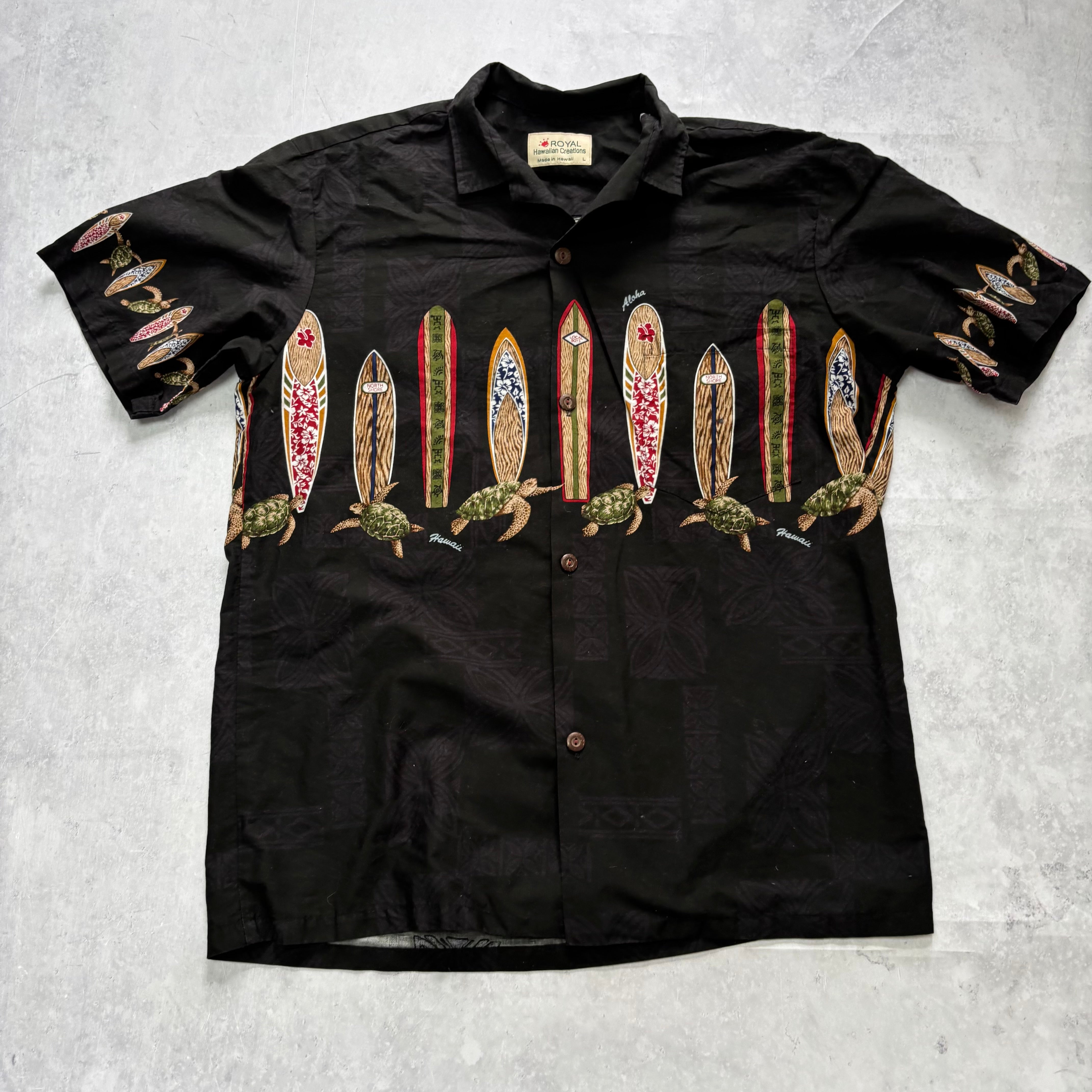 Vintage Hawaiian Shirt Mens Large Black Floral Aloha Short Sleeve Cotton (E)