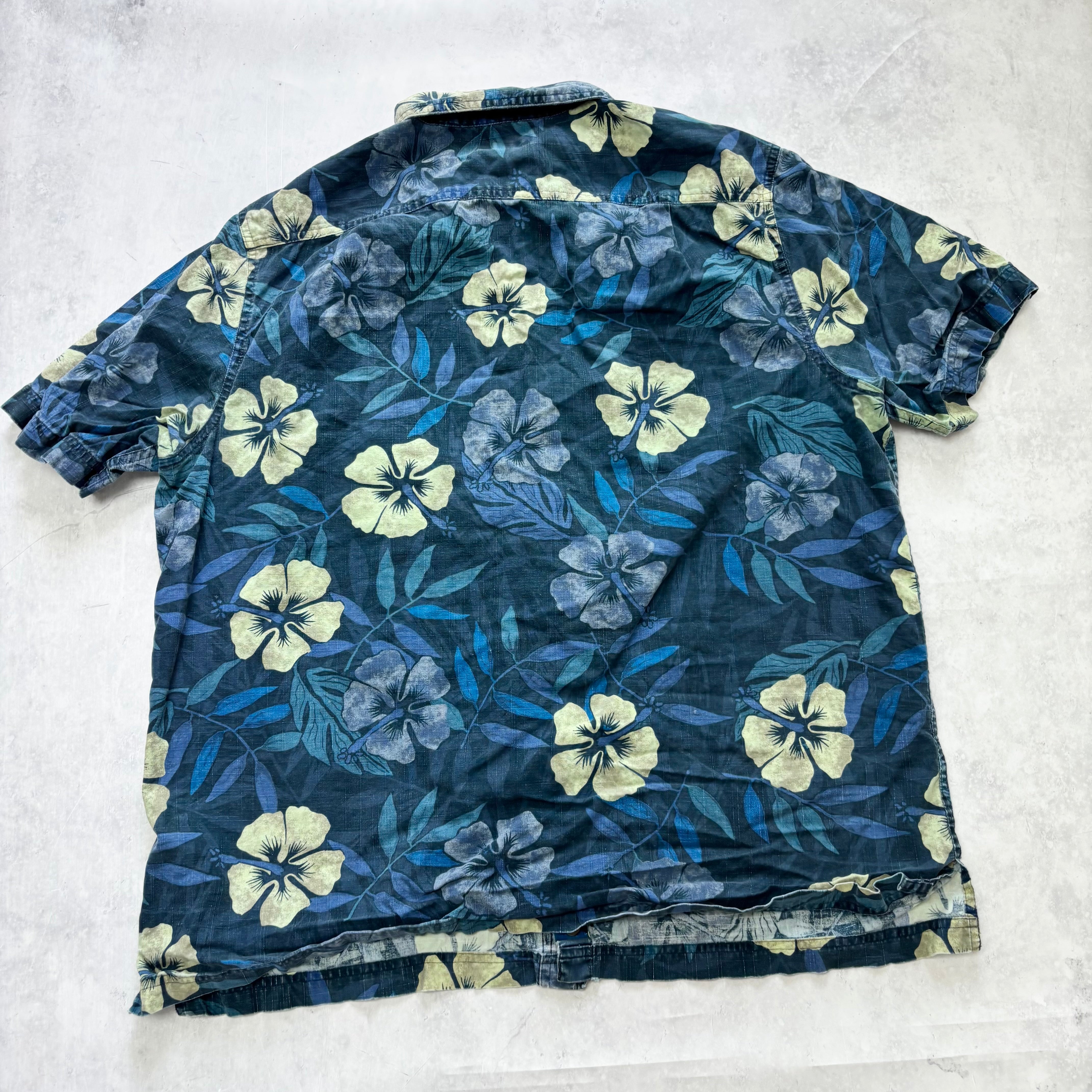 Hawaiian Shirt Mens Large Blue Floral Aloha Short Sleeve Cotton