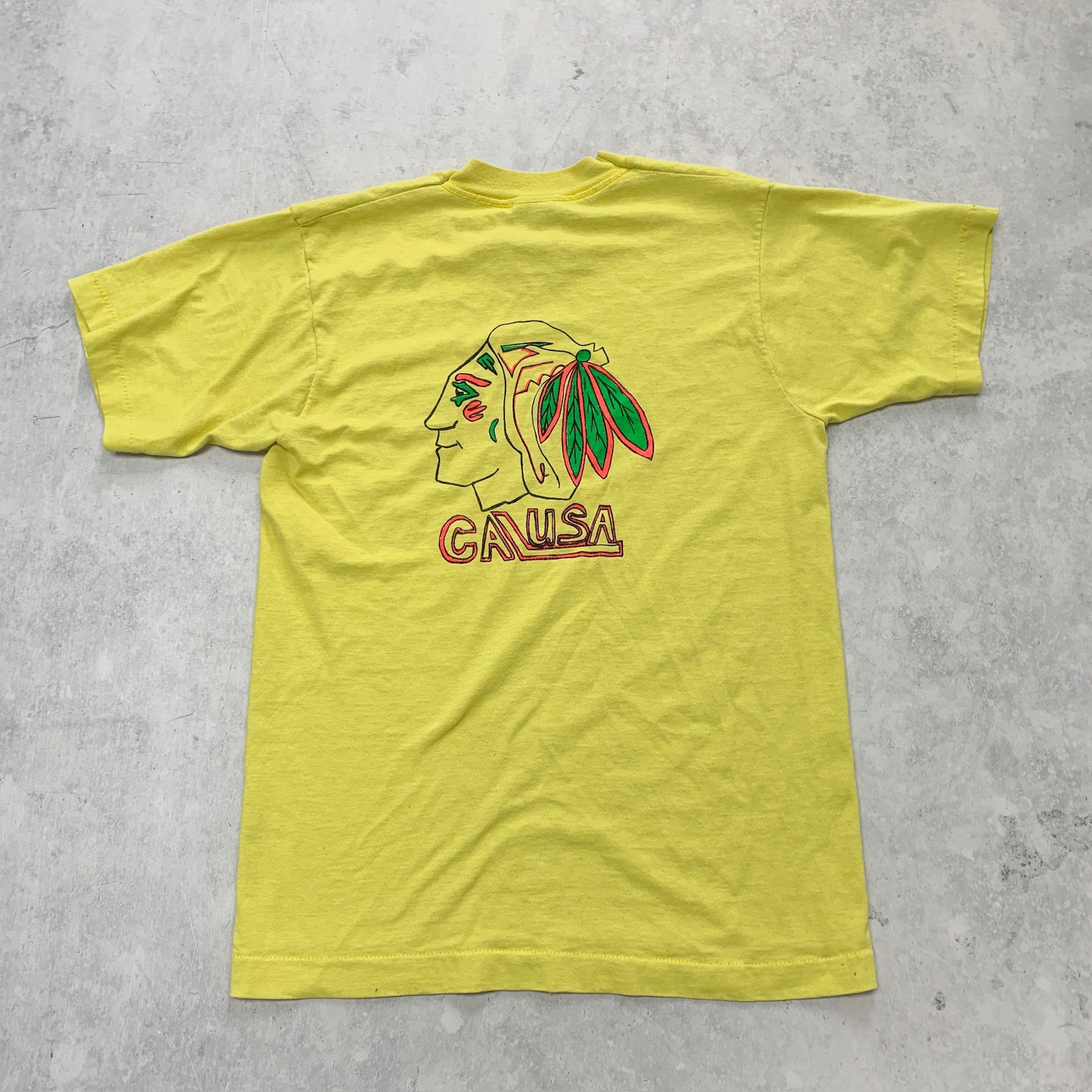 Vintage T Shirt Mens Small Yellow Single Stitch Graphic Print 90s USA