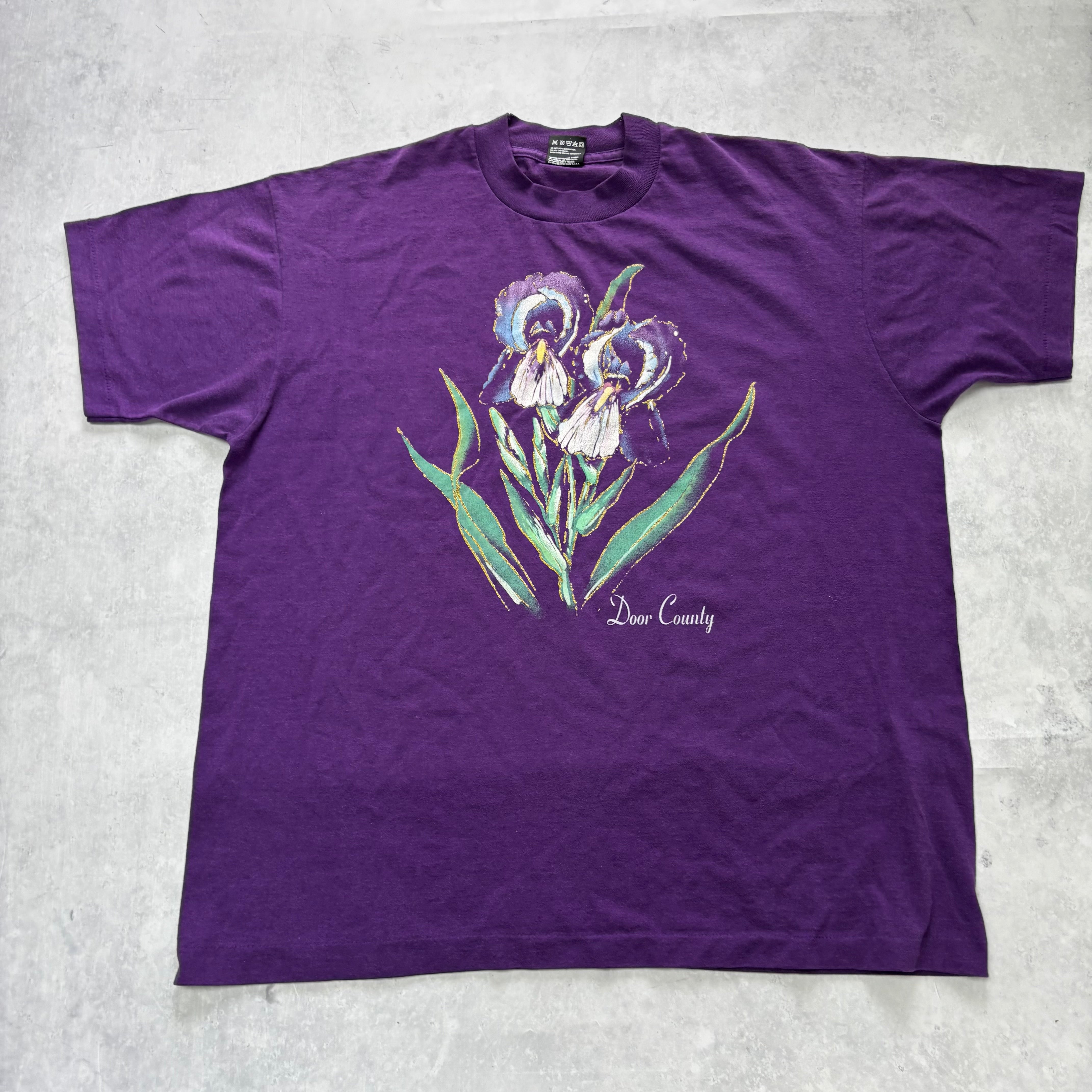 Vintage T Shirt Mens XL Purple Single Stitch Graphic Print 90s USA Flowers (E)