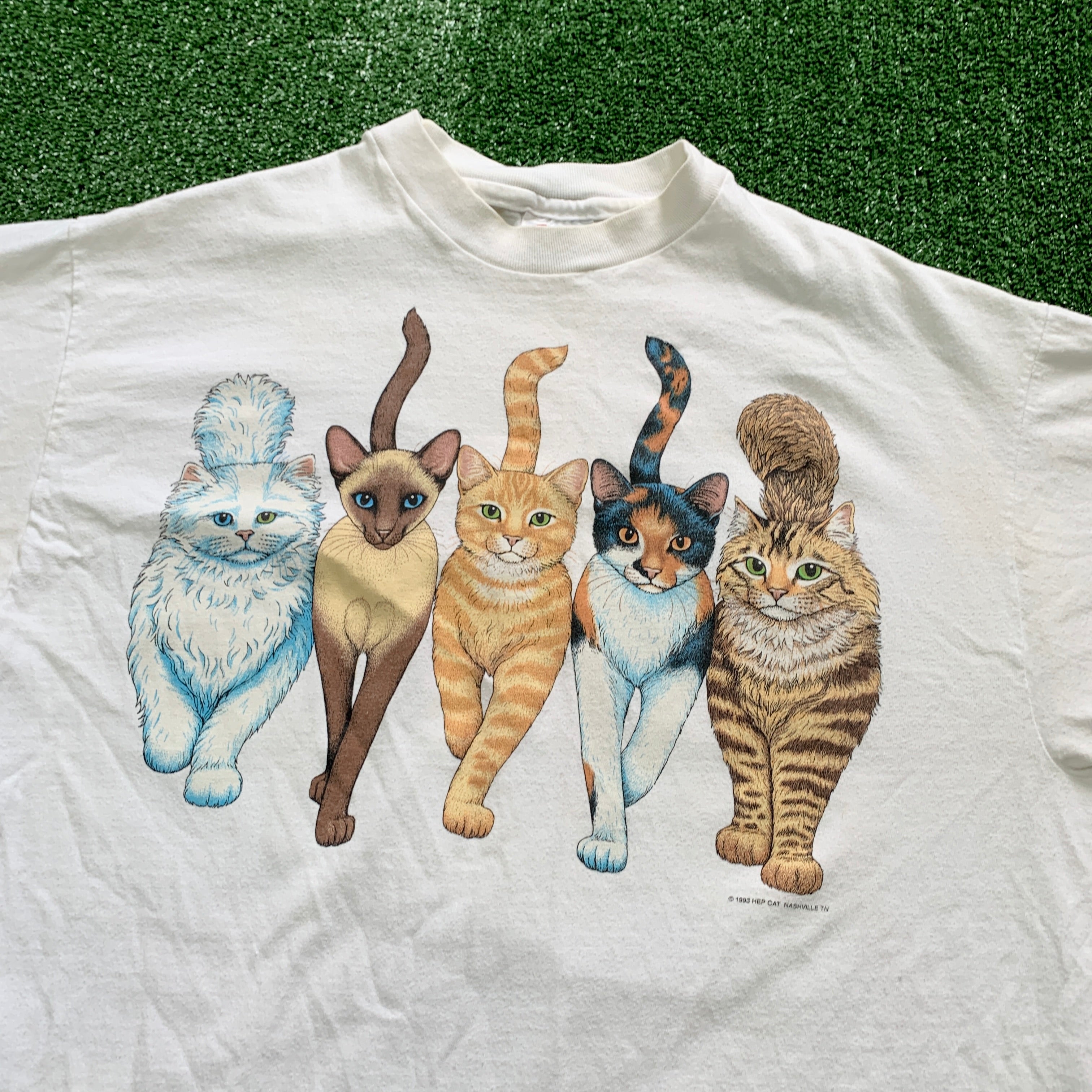 Vintage T Shirt Mens Medium White Single Stitch Graphic Print 90s USA Cats