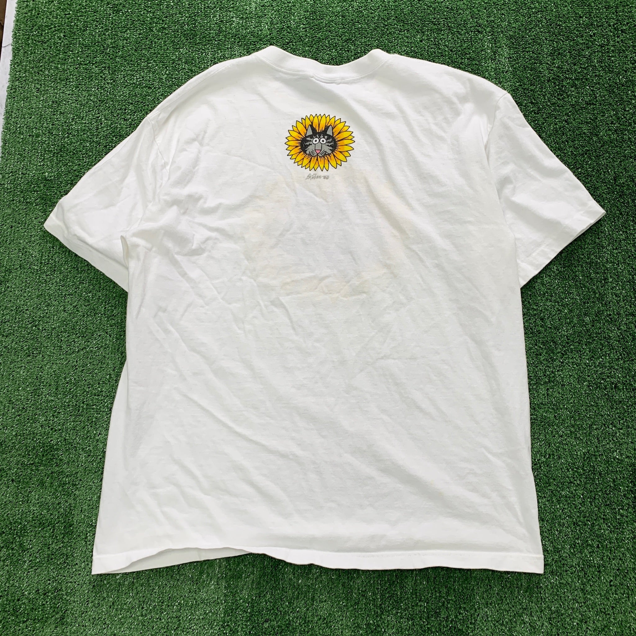 Vintage T Shirt Mens Large White Graphic Print 90s USA Sunflower Cat