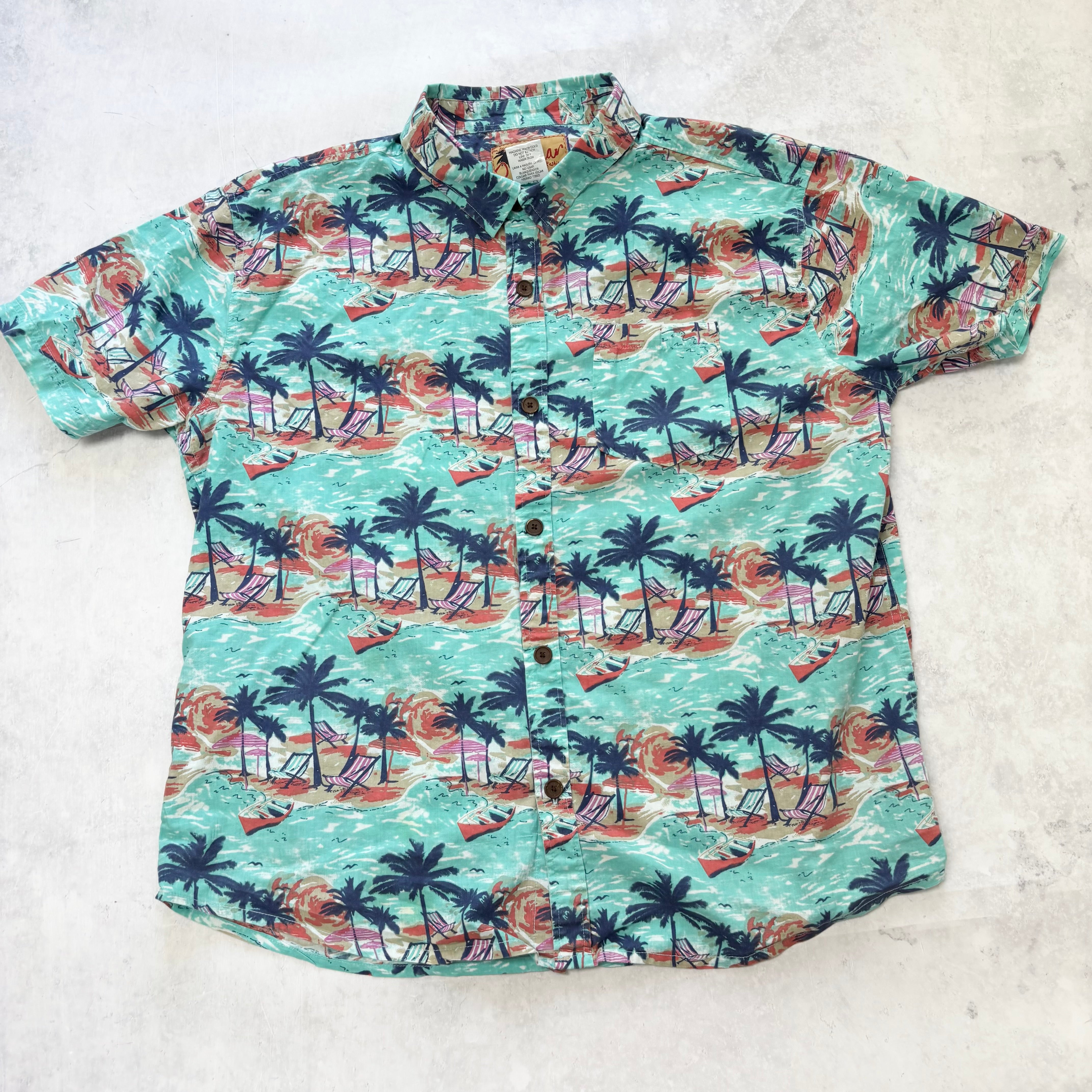 Hawaiian Shirt Mens Large Blue Floral Aloha Short Sleeve Cotton (E)
