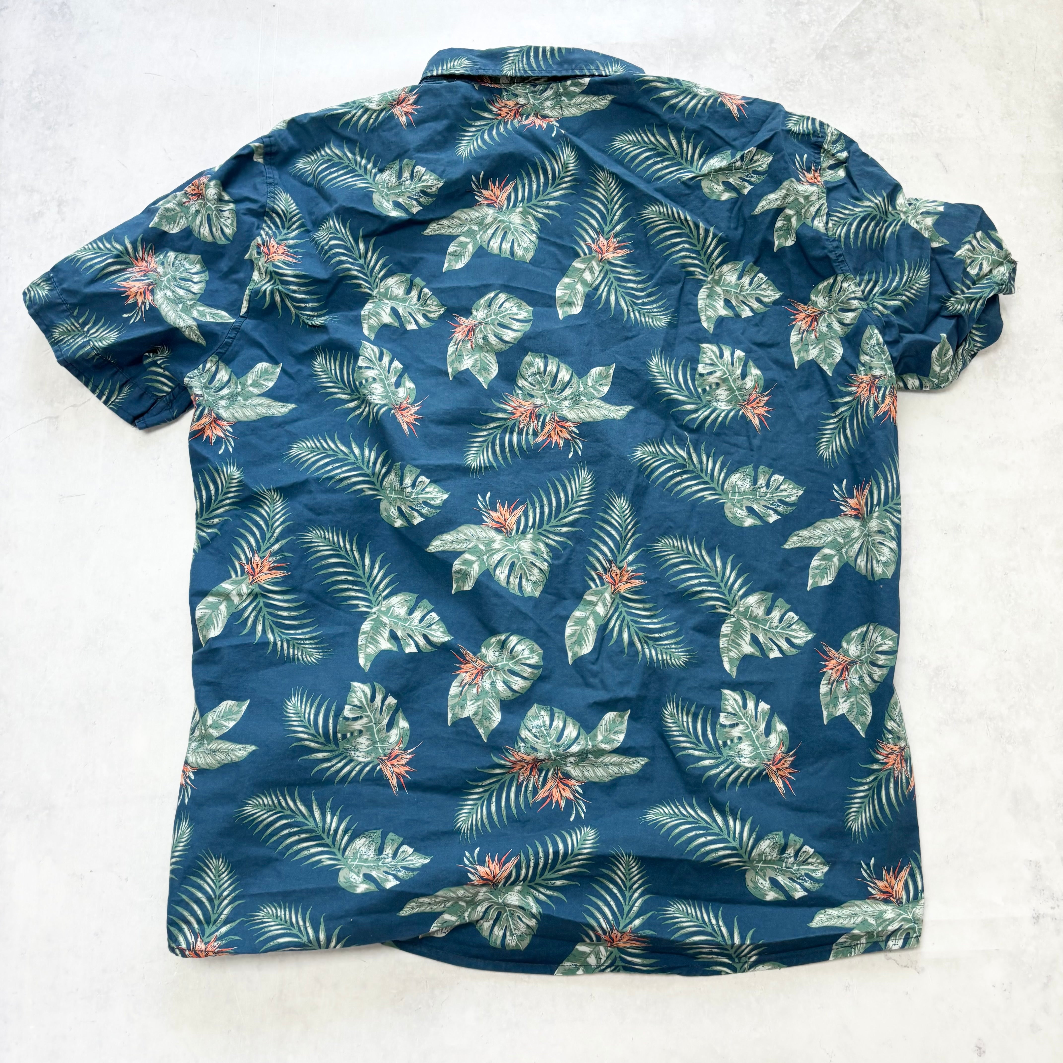 Hawaiian Shirt Mens Large Navy Multi Floral Aloha Short Sleeve Cotton (E)