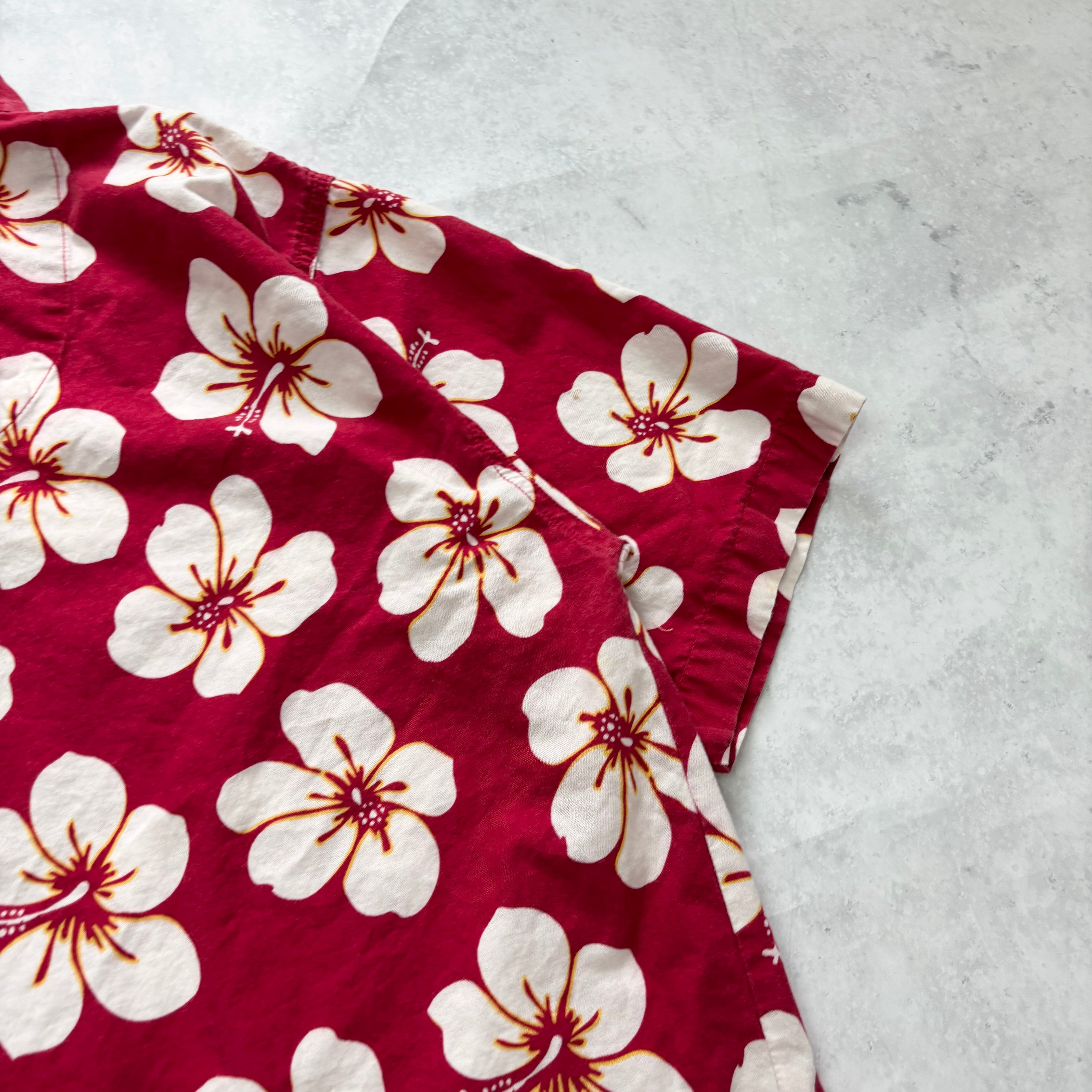 Vintage Hawaiian Shirt Mens Large Red Floral Aloha Short Sleeve Cotton (E)