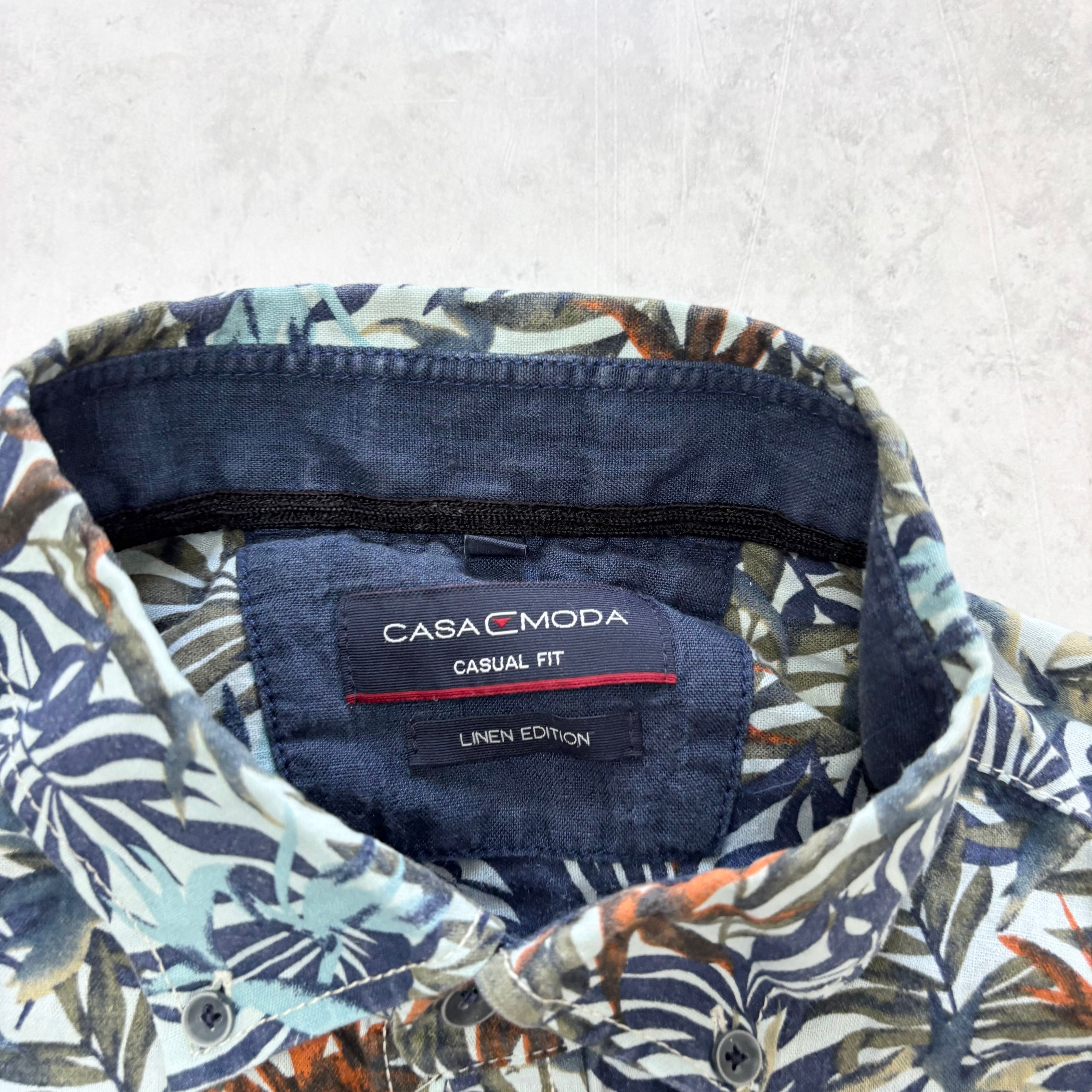 Hawaiian Shirt Mens XL Blue Floral Aloha Short Sleeve Linen (E)