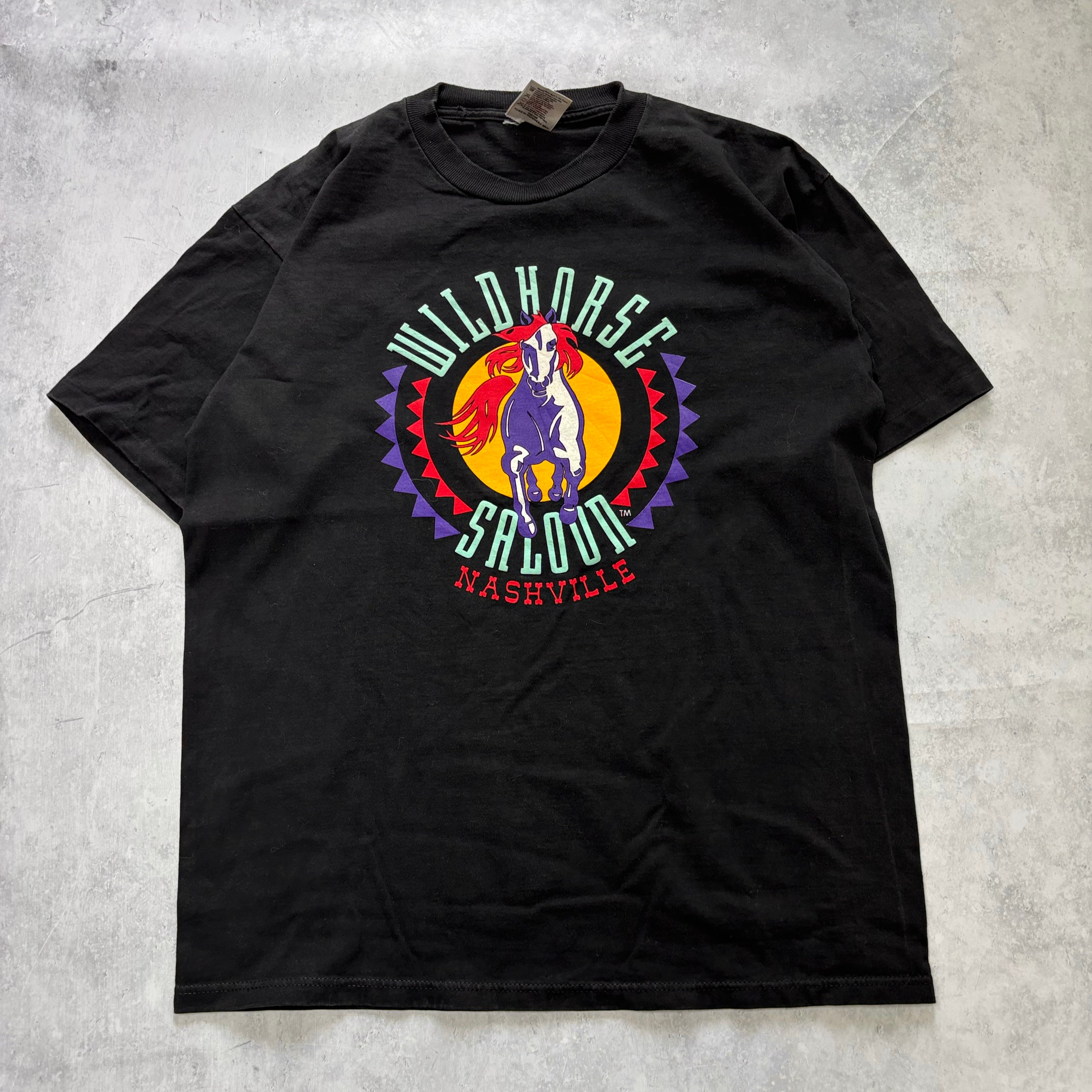 Vintage T Shirt Mens Large Black Single Stitch Graphic Print 90s USA Horses (E)