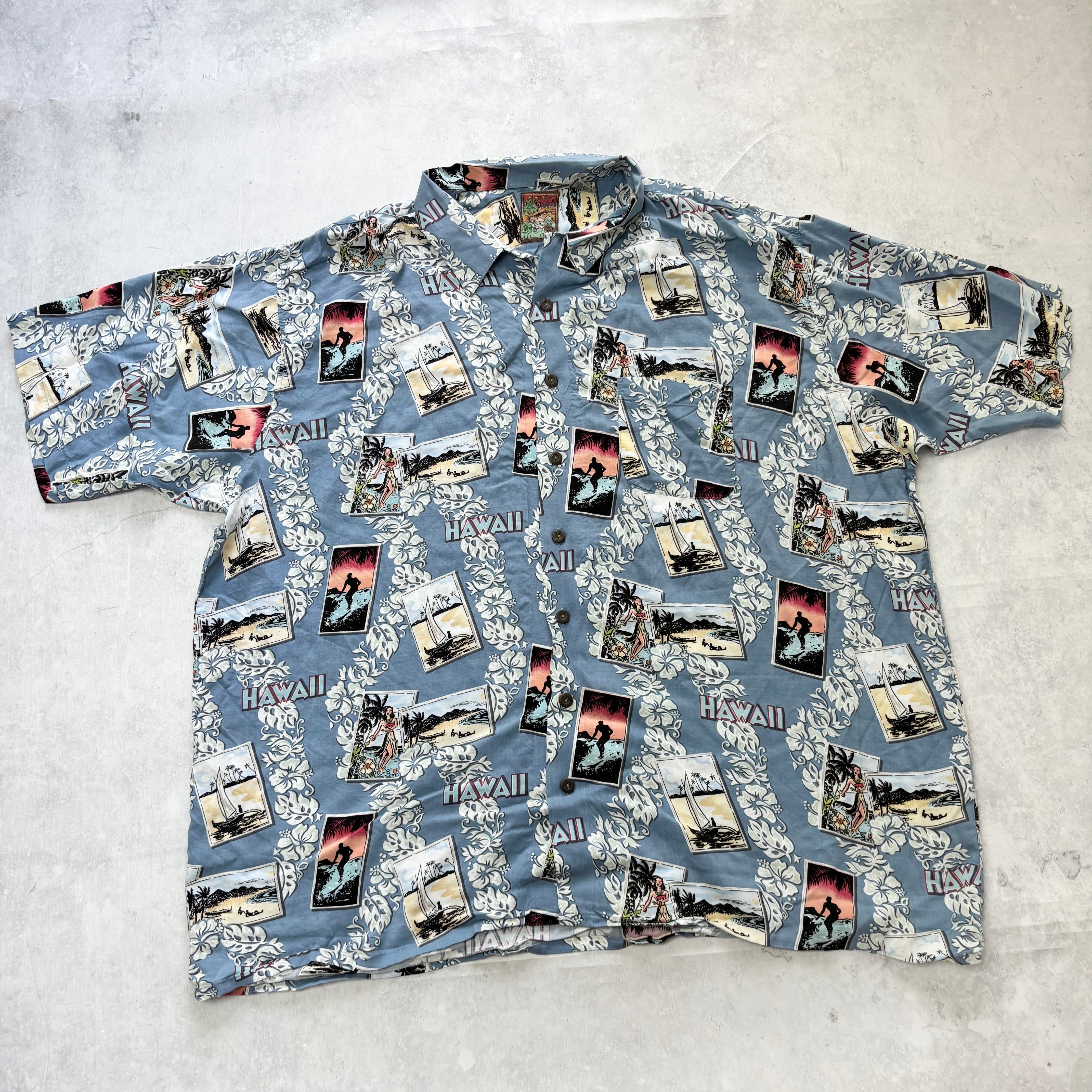 Vintage Hawaiian Shirt Mens 3XL Blue Floral Aloha Short Sleeve Rayon (E)