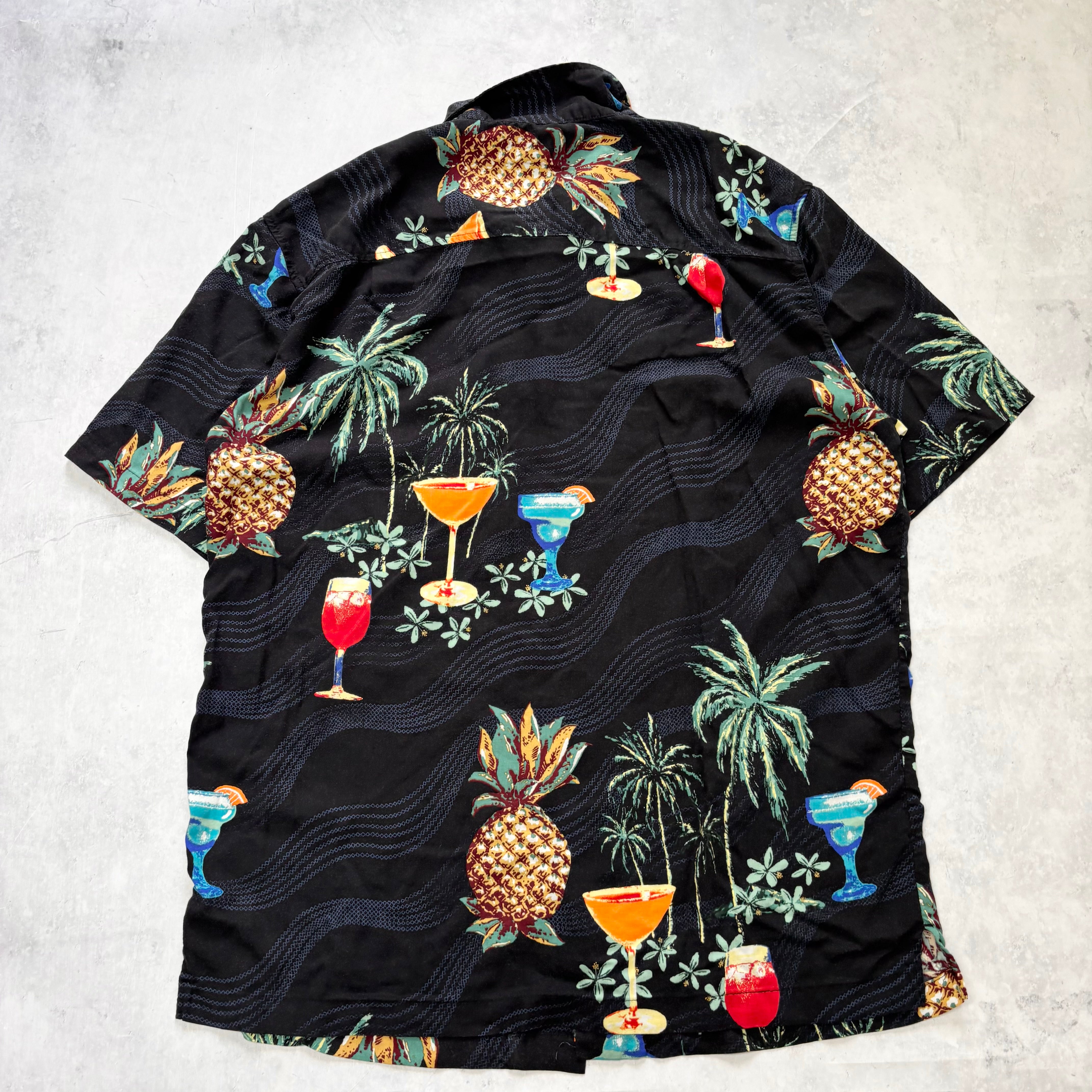 Vintage Hawaiian Shirt Mens Large Black Floral Aloha Short Sleeve Rayon (E)