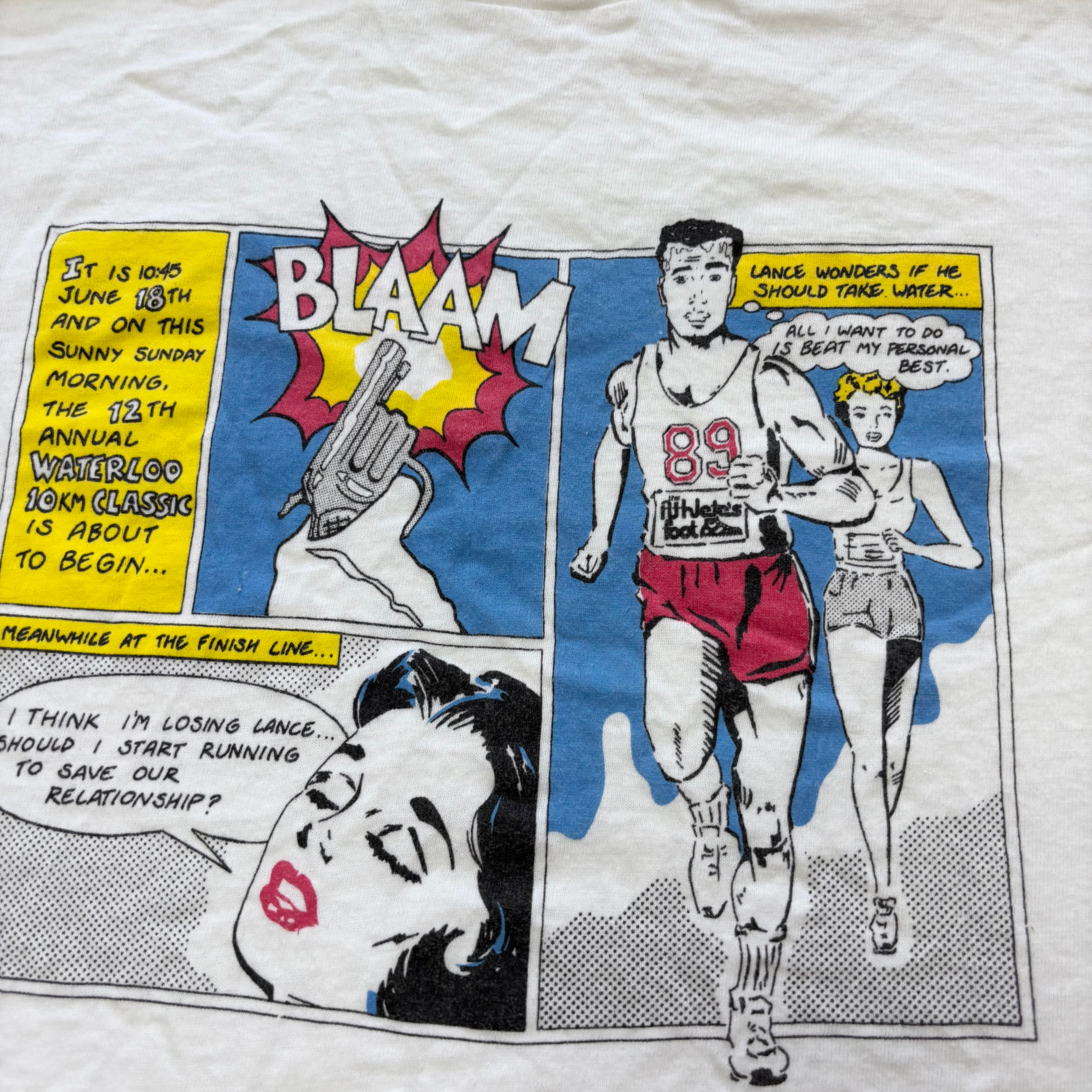 Vintage T Shirt Mens Medium White Single Stitch Graphic Print 90s Run Race (E)