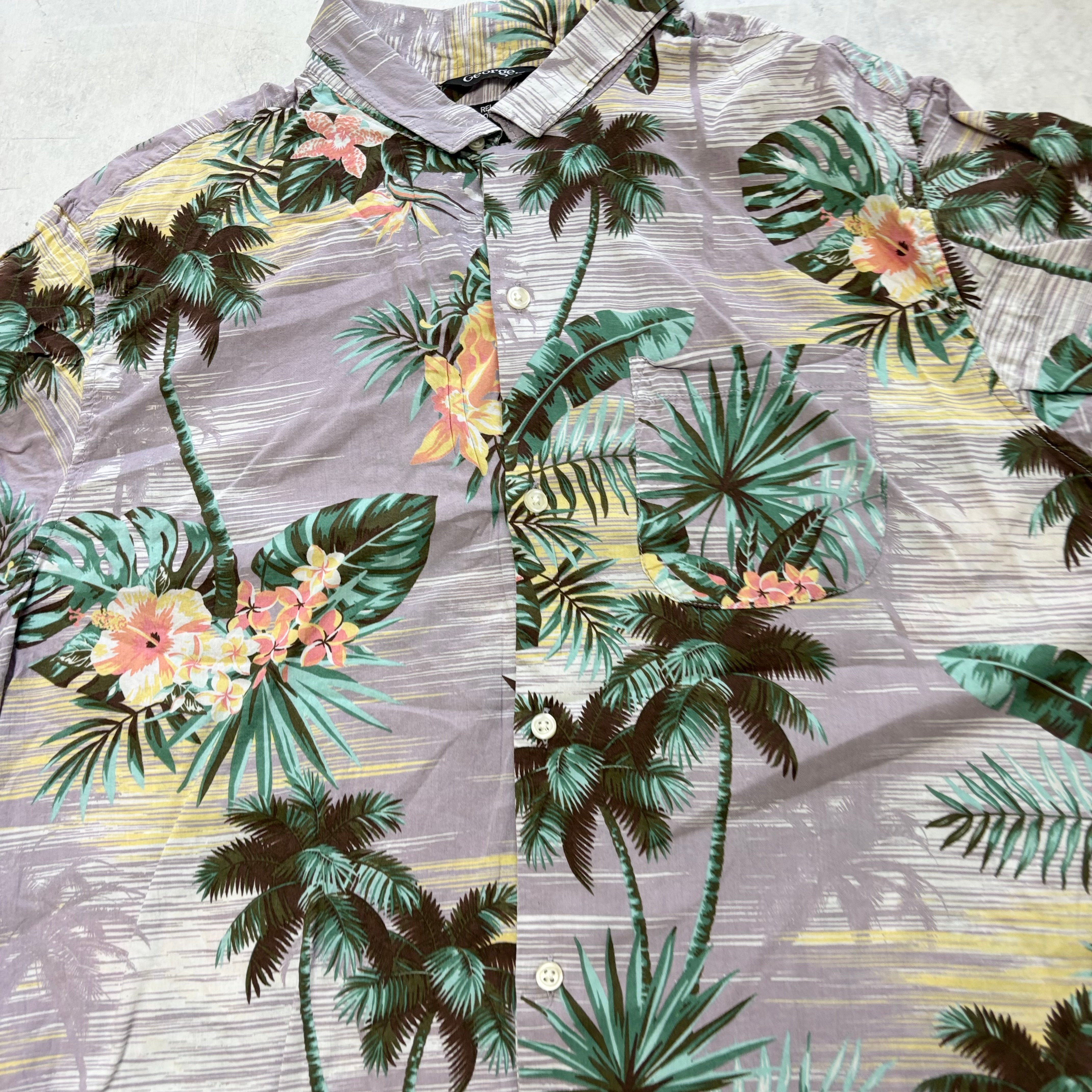 Hawaiian Shirt Mens Large Purple Floral Aloha Short Sleeve Cotton Blend (E)