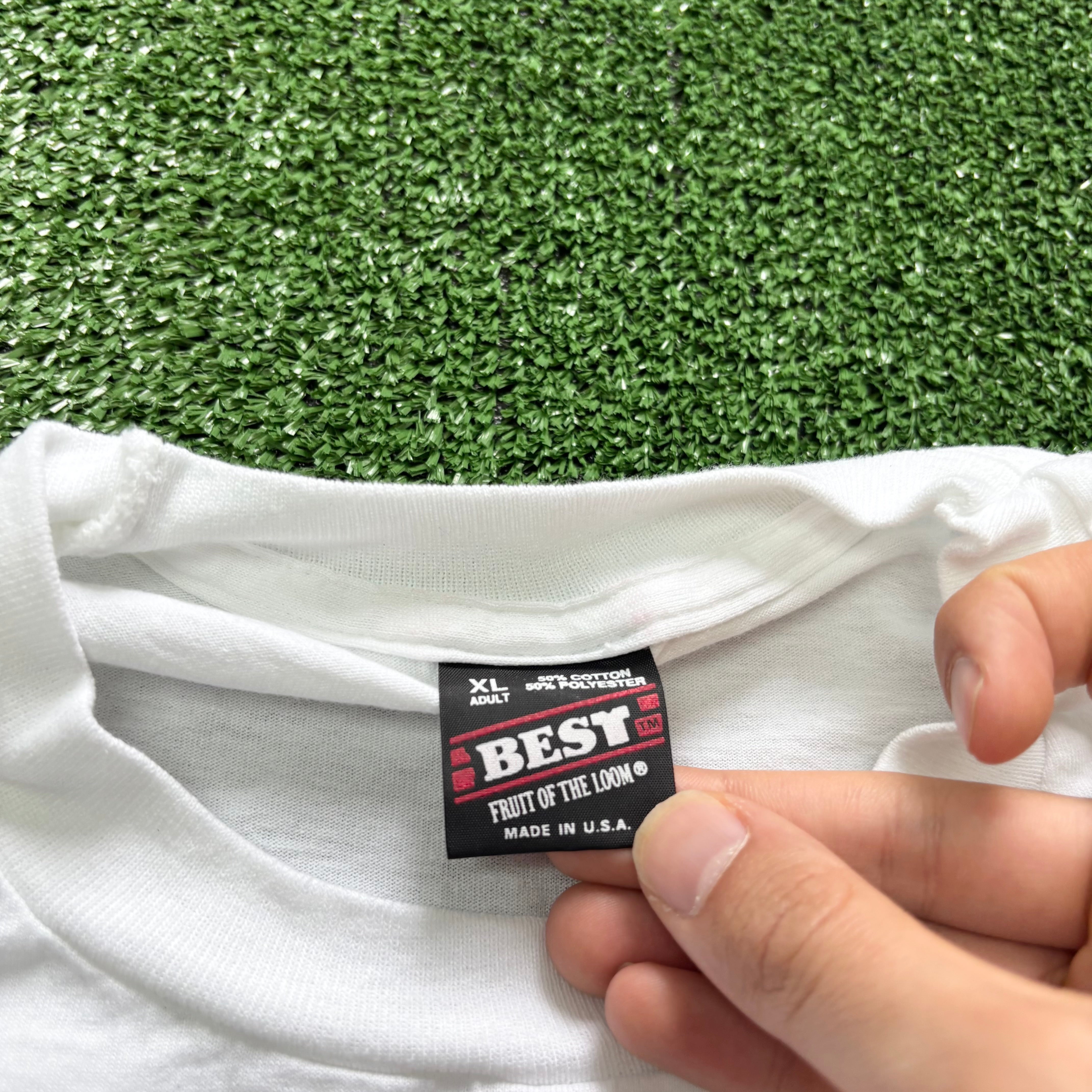 Vintage T Shirt Mens Large White Single Stitch Graphic Print 90s USA Run (E)