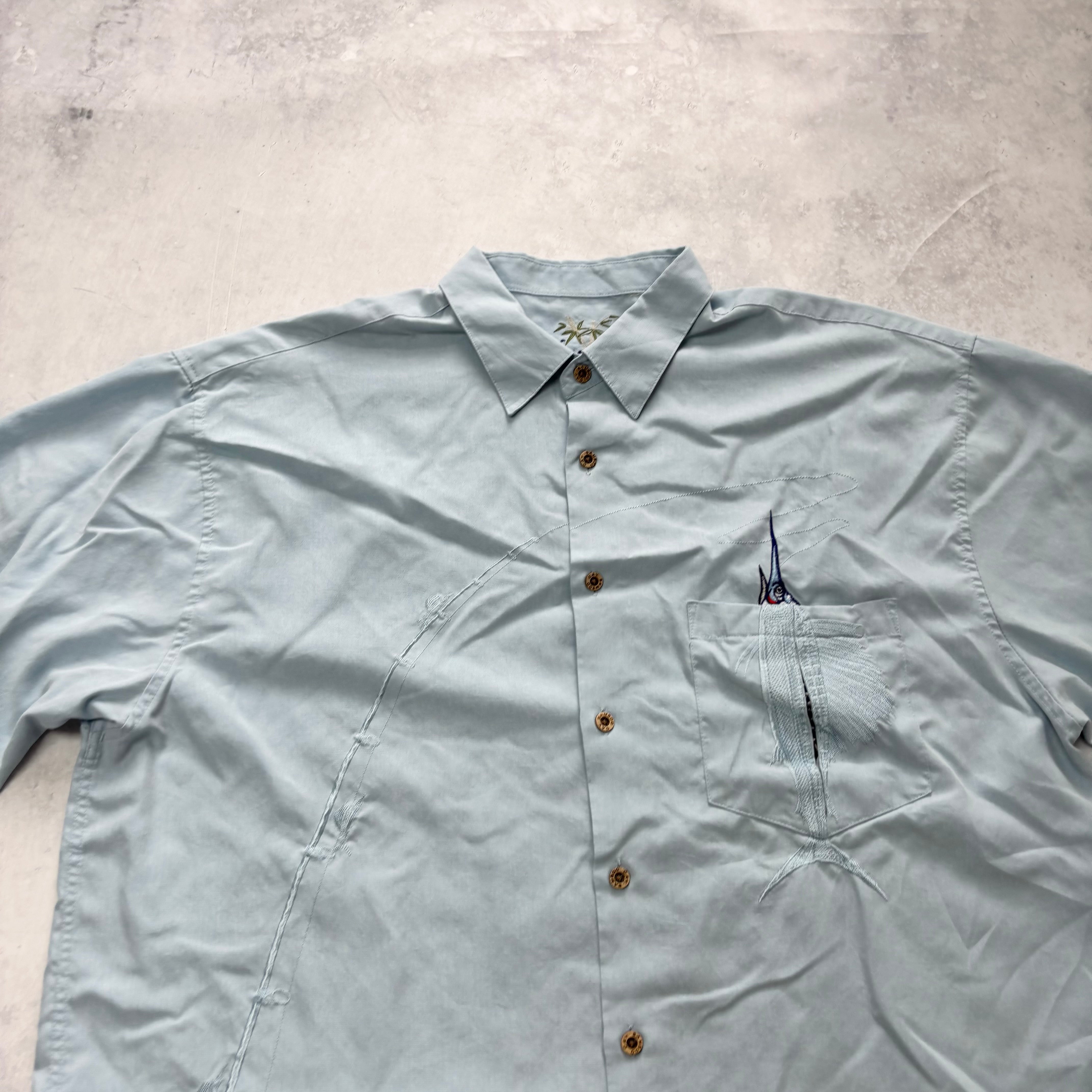 Vintage Shirt Mens XXL Blue Abstract Funky Short Sleeve Fishing (E)