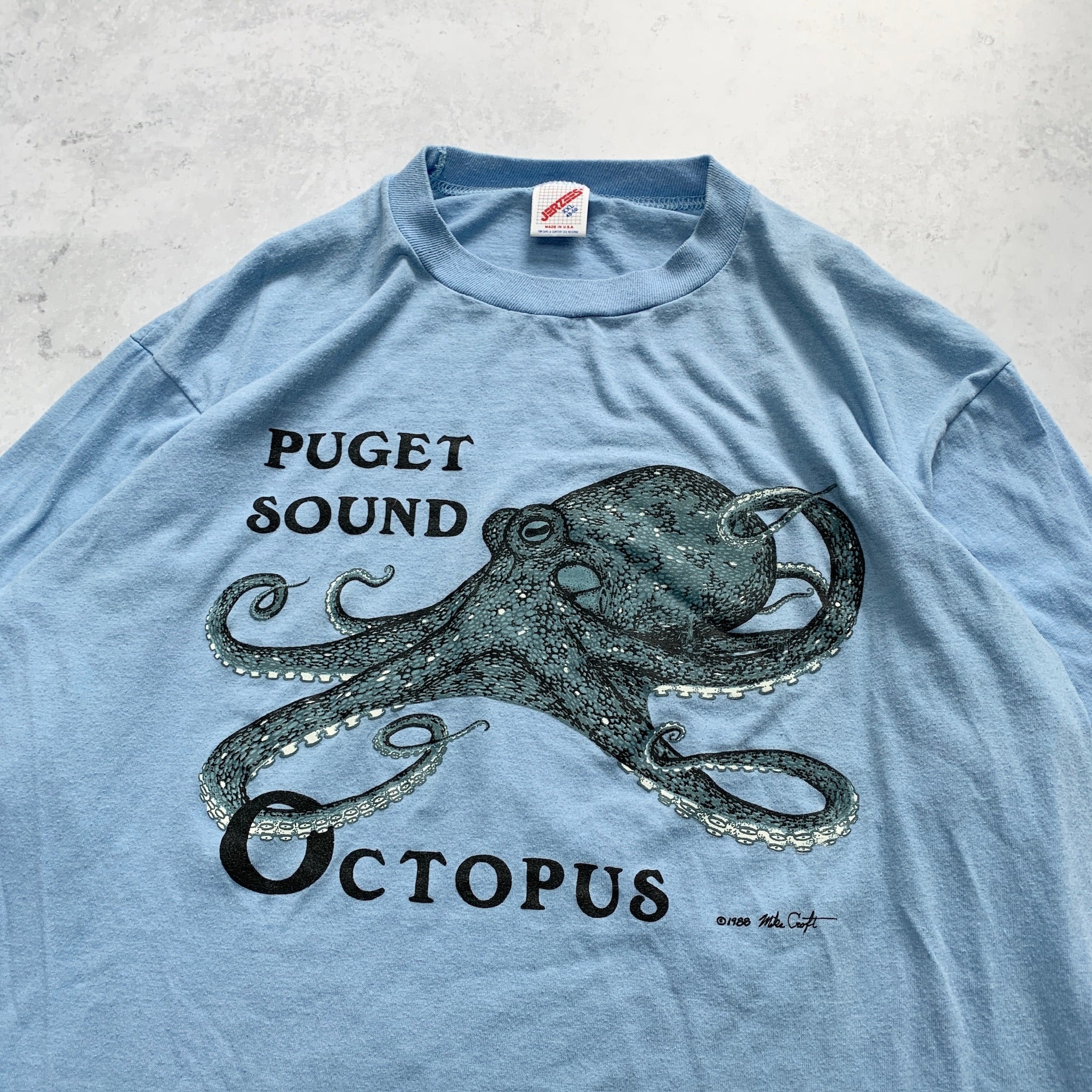 Vintage T Shirt Mens XL Blue Single Stitch Graphic Print 80s USA Octopus