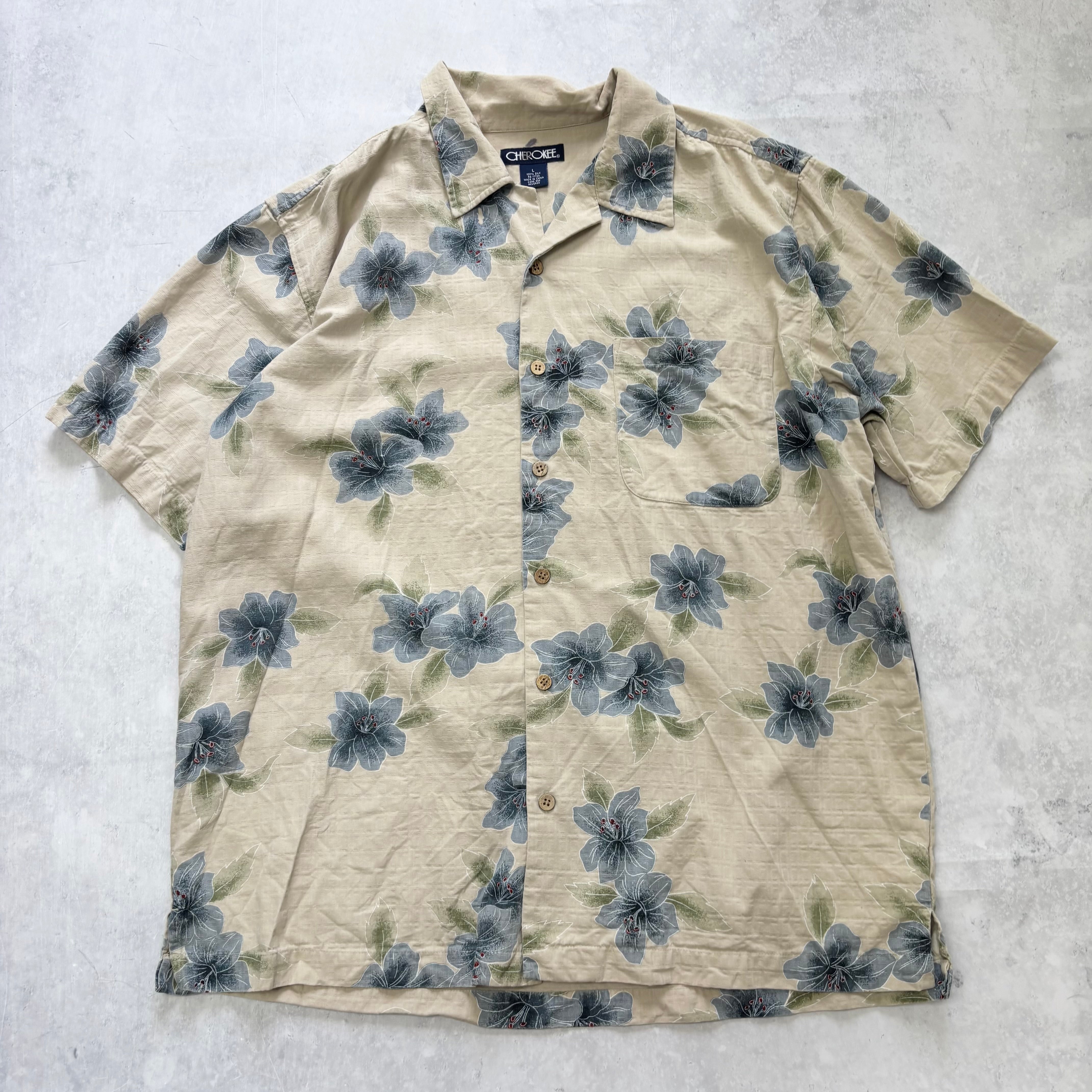 Vintage Hawaiian Shirt Mens Large Beige Silk Floral Aloha Short Sleeve