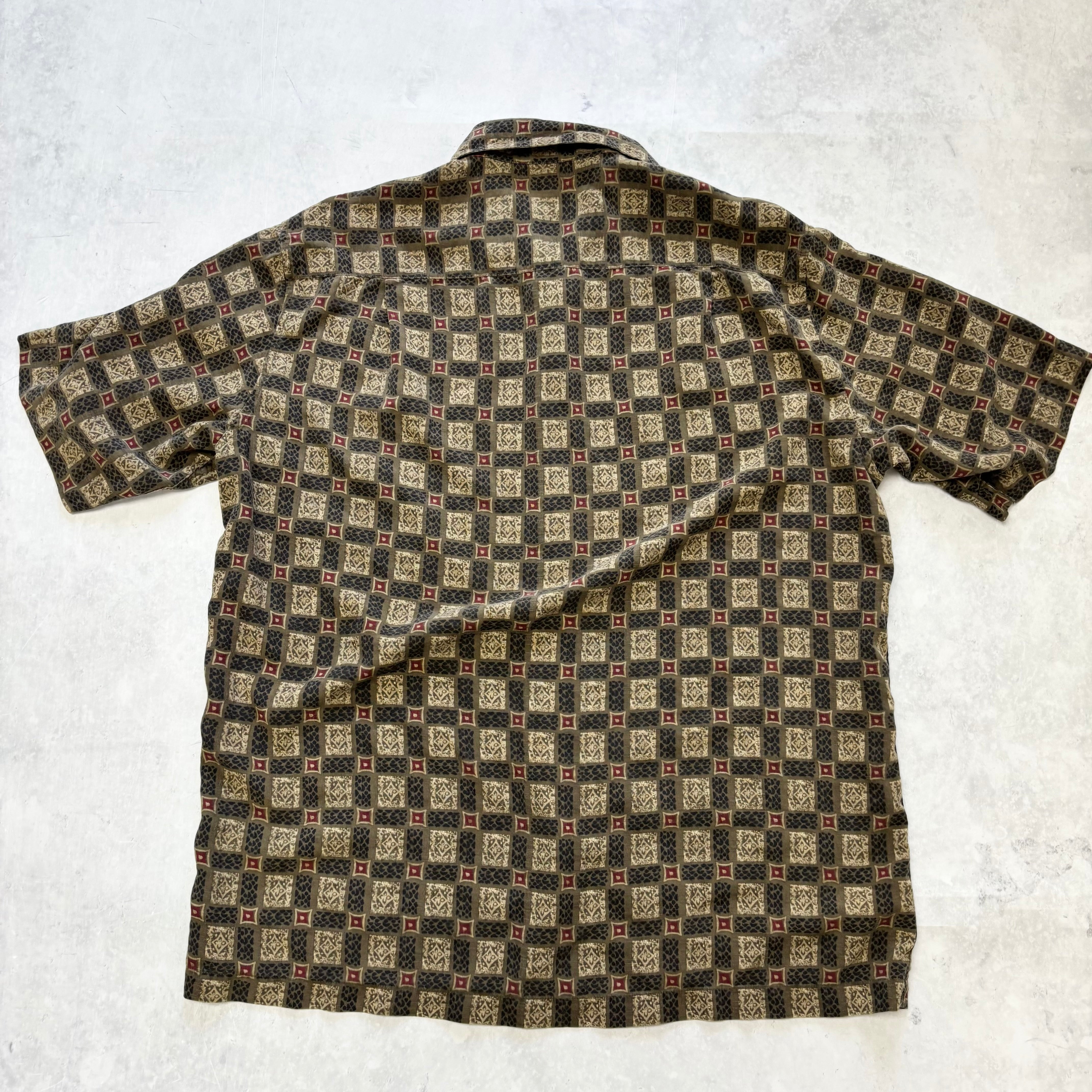 Vintage Shirt Mens Medium Brown Abstract Pattern Short Sleeve Silk (E)