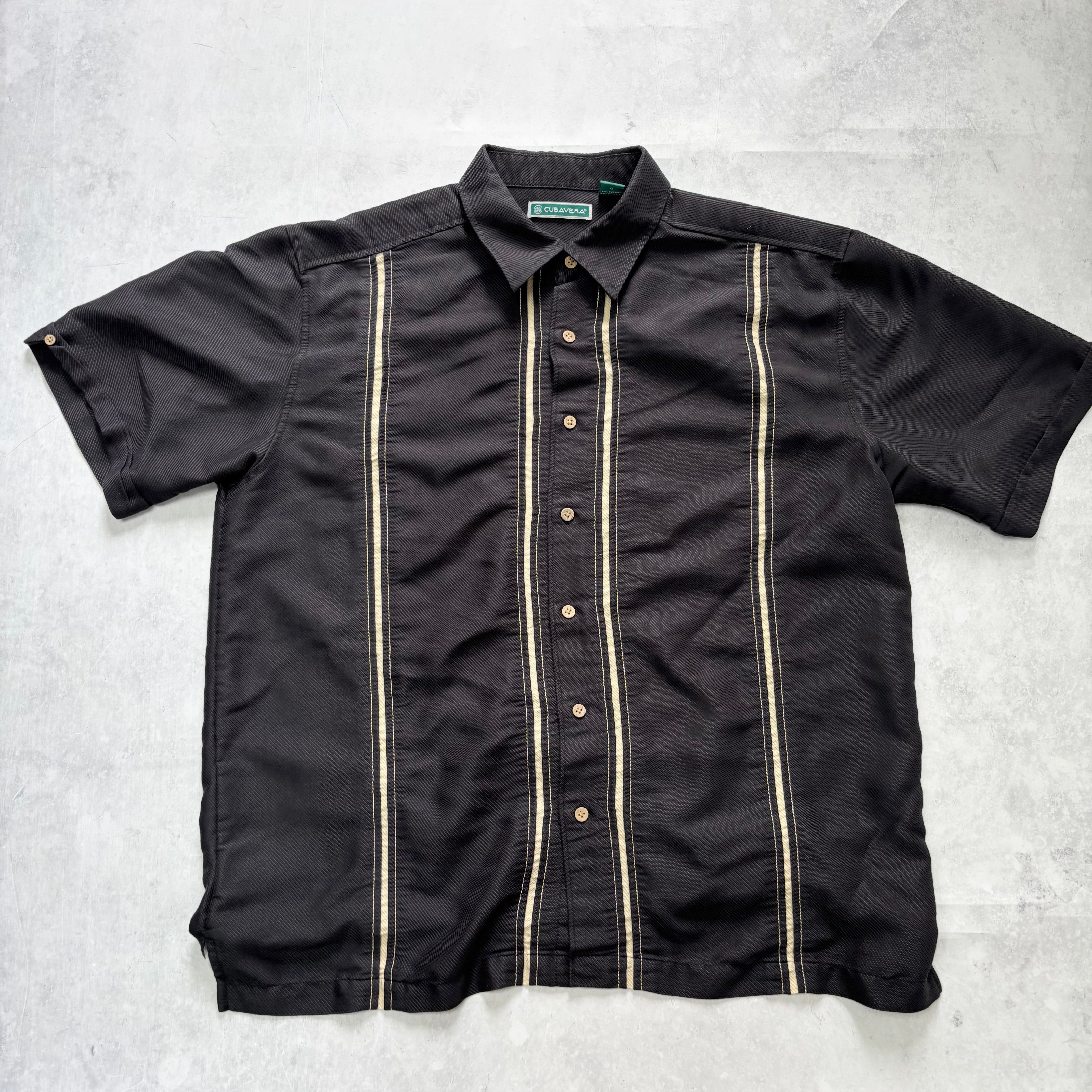 Vintage Cubavera Shirt Mens Large Black Striped Short Sleeve Rayon (E)