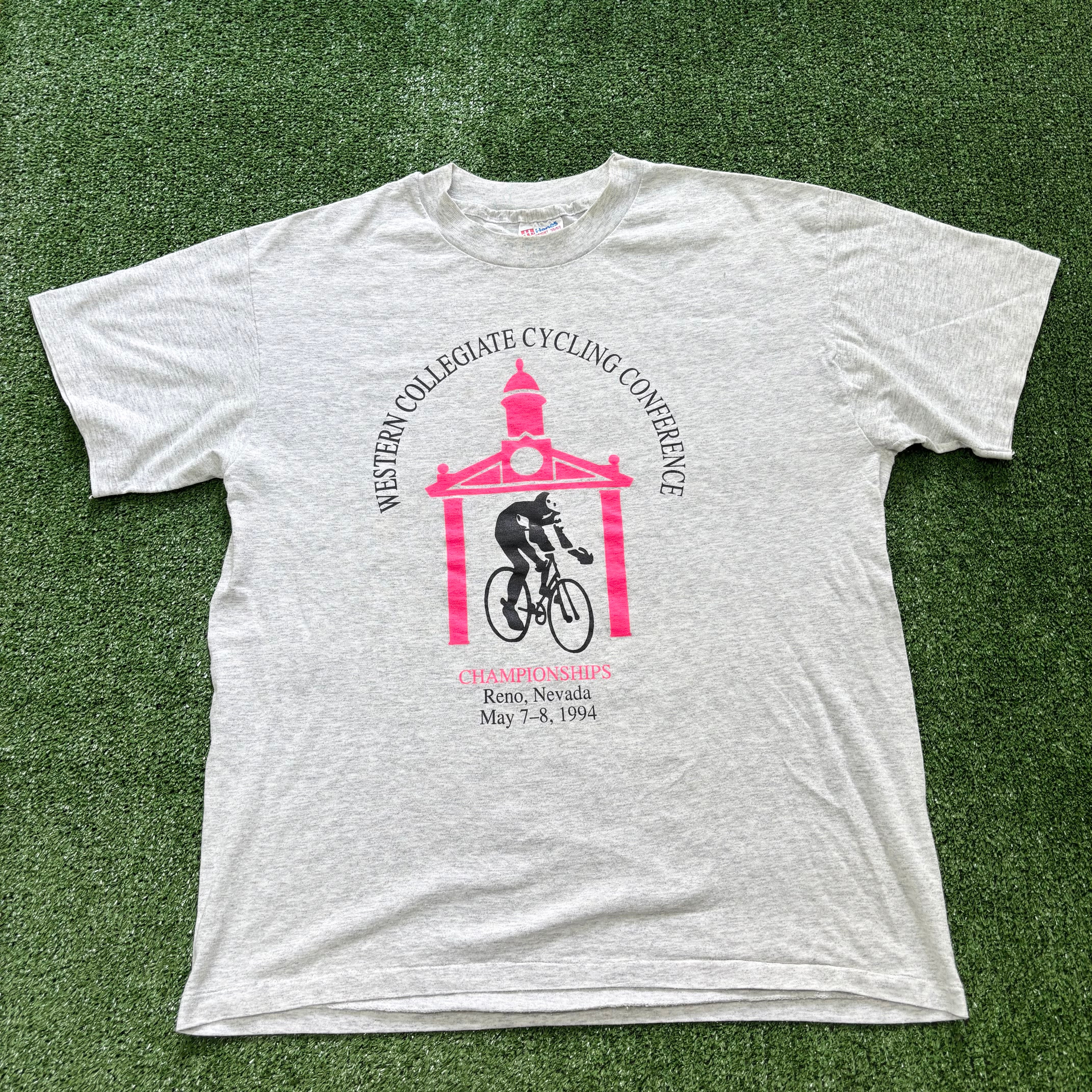 Vintage T Shirt Mens Large Grey Single Stitch Graphic Print 90s USA Cycling (E)