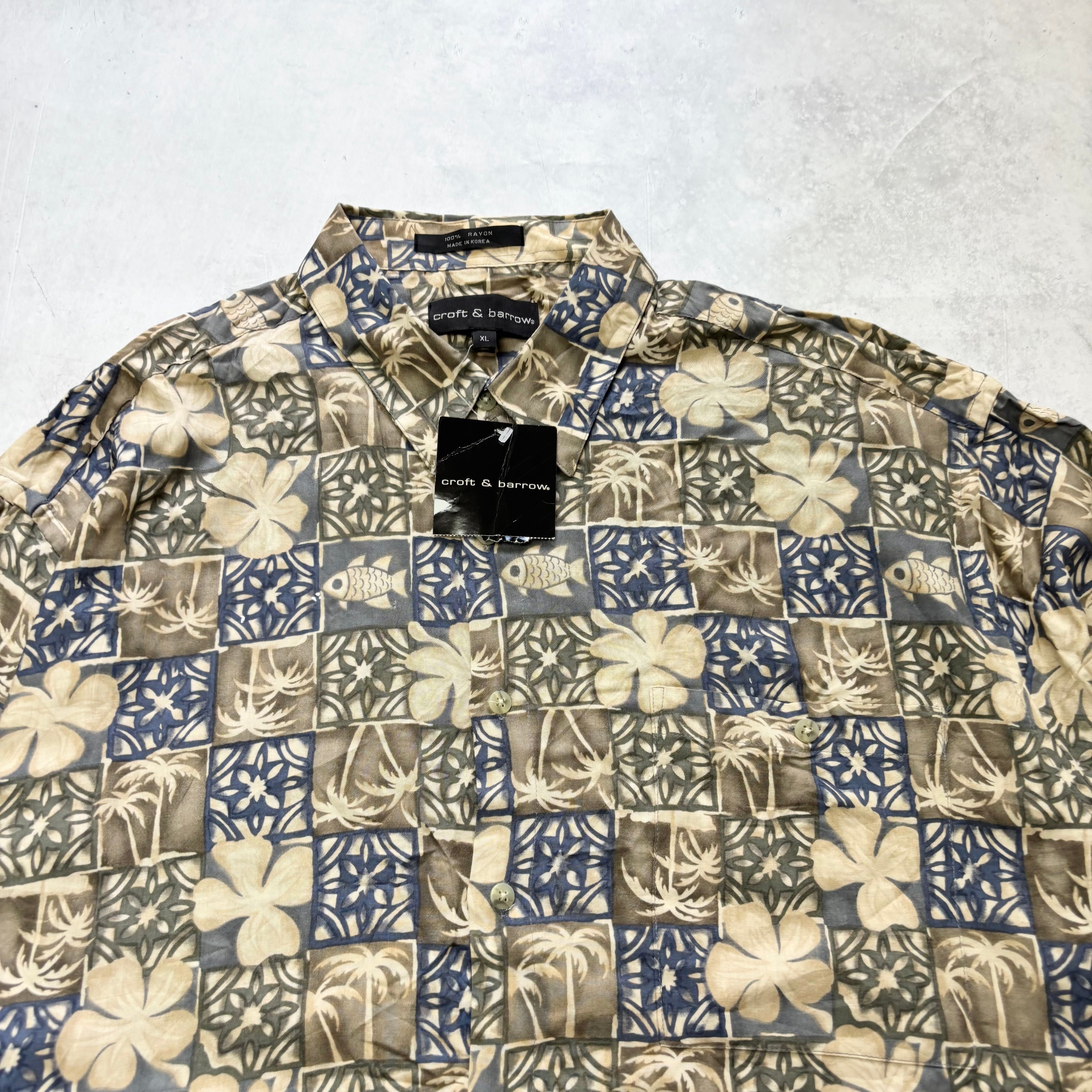 Vintage Hawaiian Shirt Mens XL Khaki Floral Aloha Short Sleeve Rayon (E)