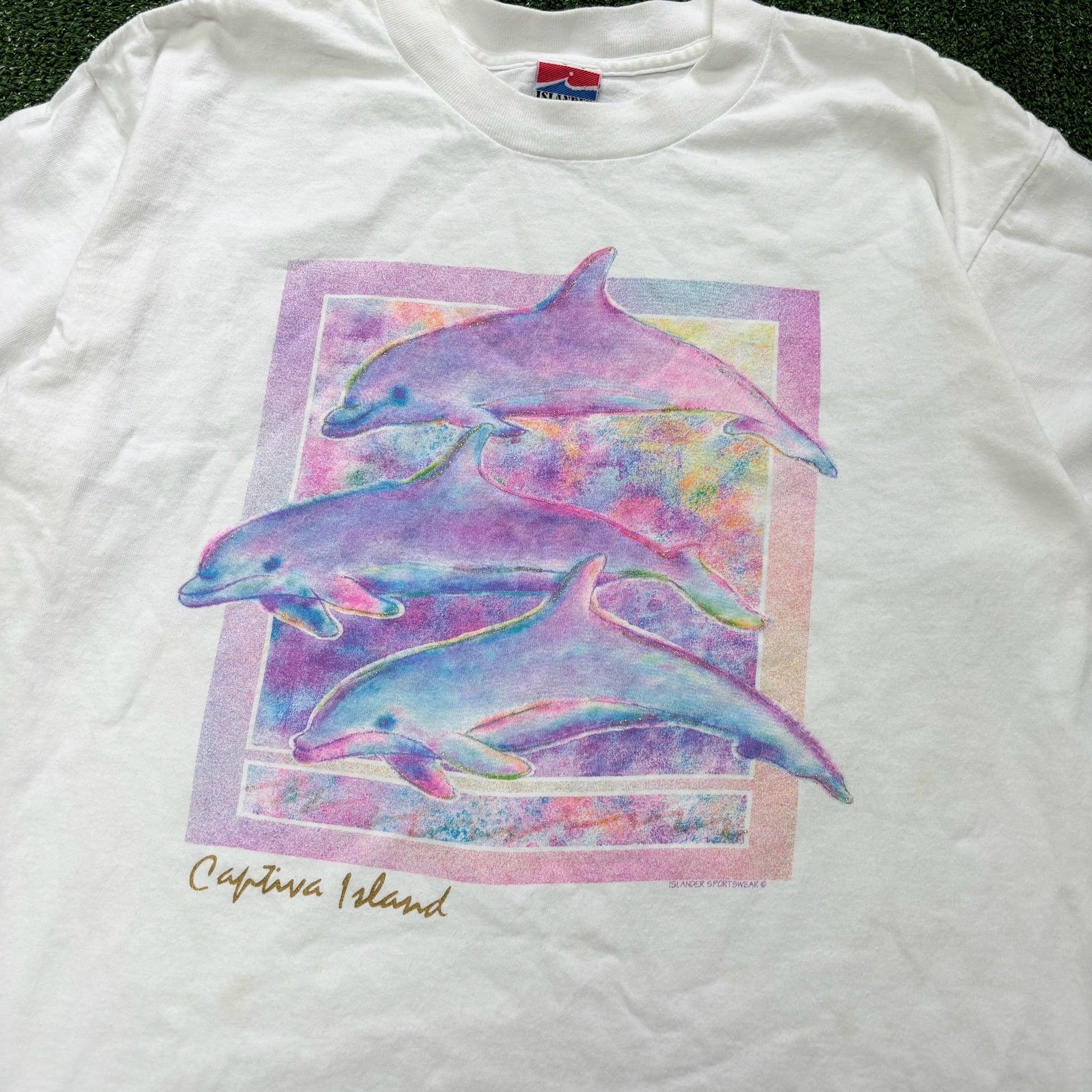 Vintage T Shirt Mens Large White Single Stitch Graphic Print 90s Dolphins