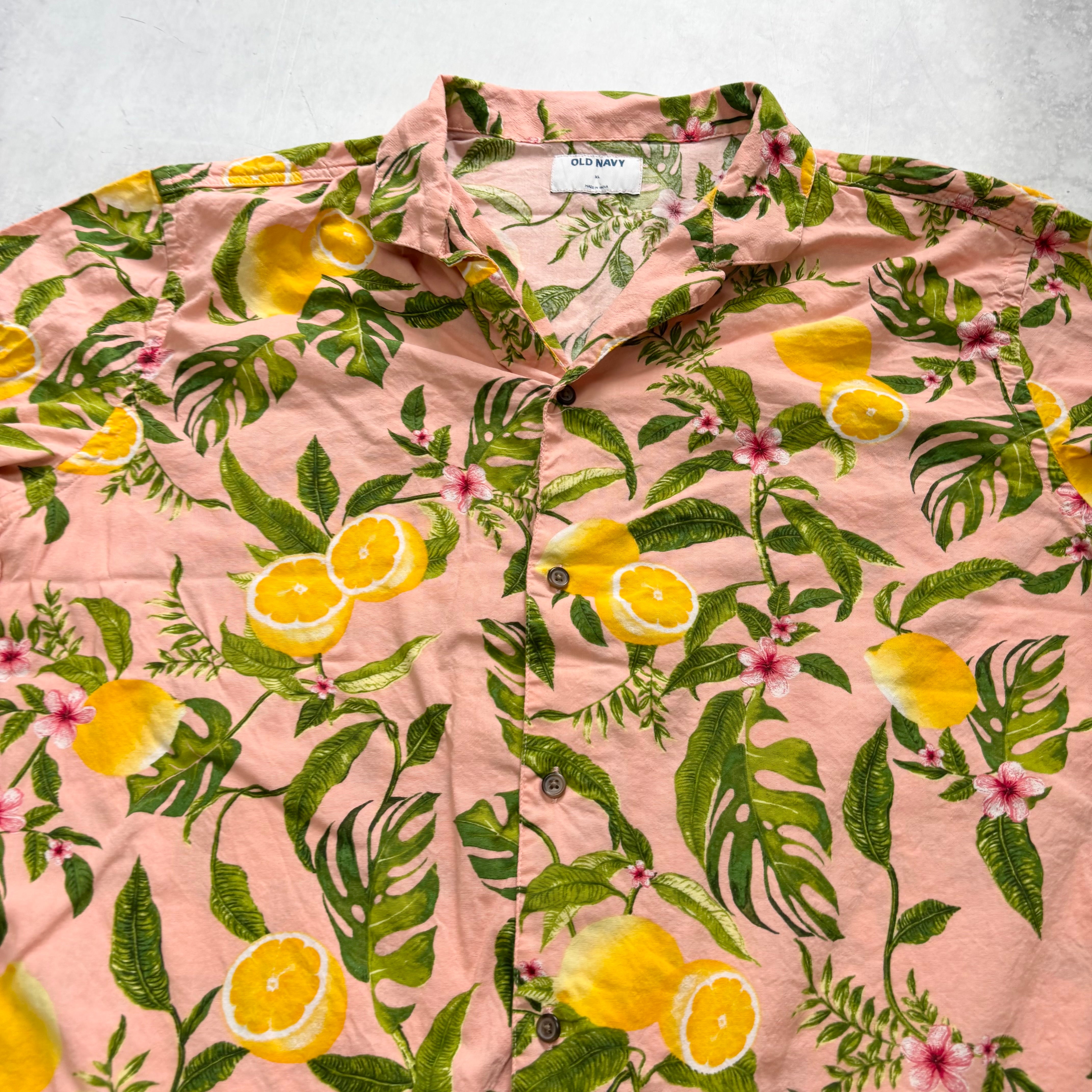 Hawaiian Shirt Mens XL Pink Floral Aloha Short Sleeve Cotton Old Navy (E)