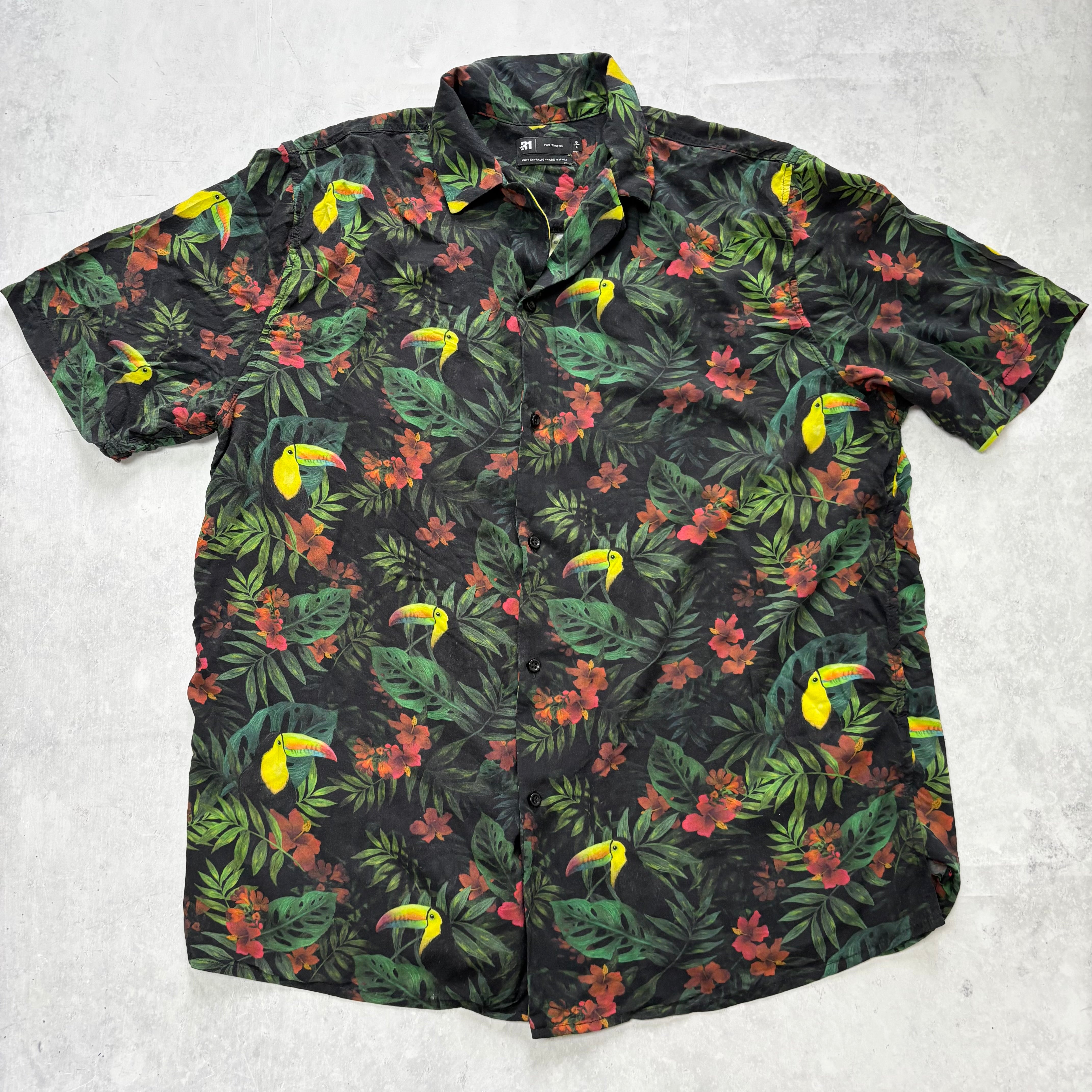 Hawaiian Shirt Mens Large Black Floral Aloha Short Sleeve Viscose (E)