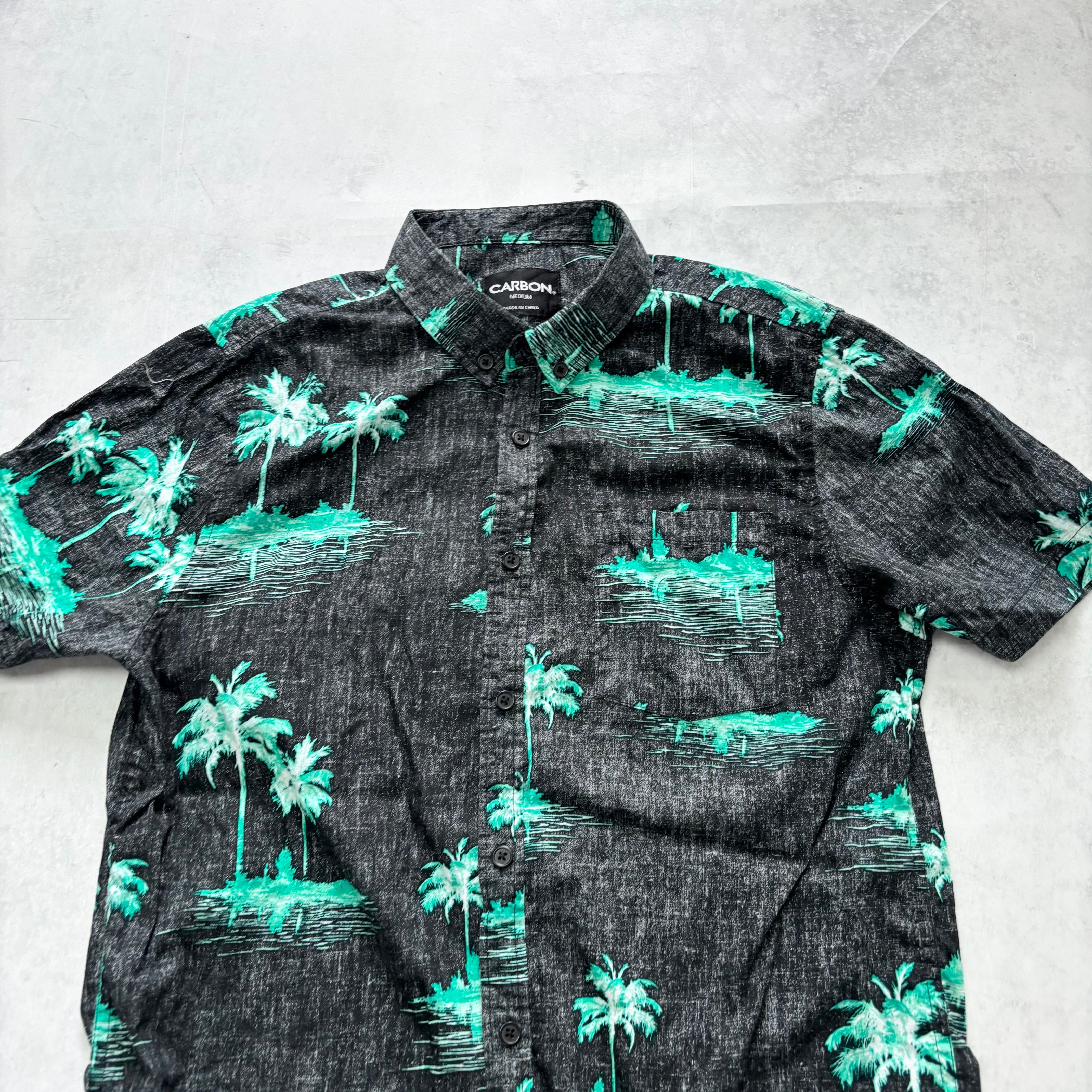 Hawaiian Shirt Mens Medium Black Floral Aloha Short Sleeve Cotton (E)