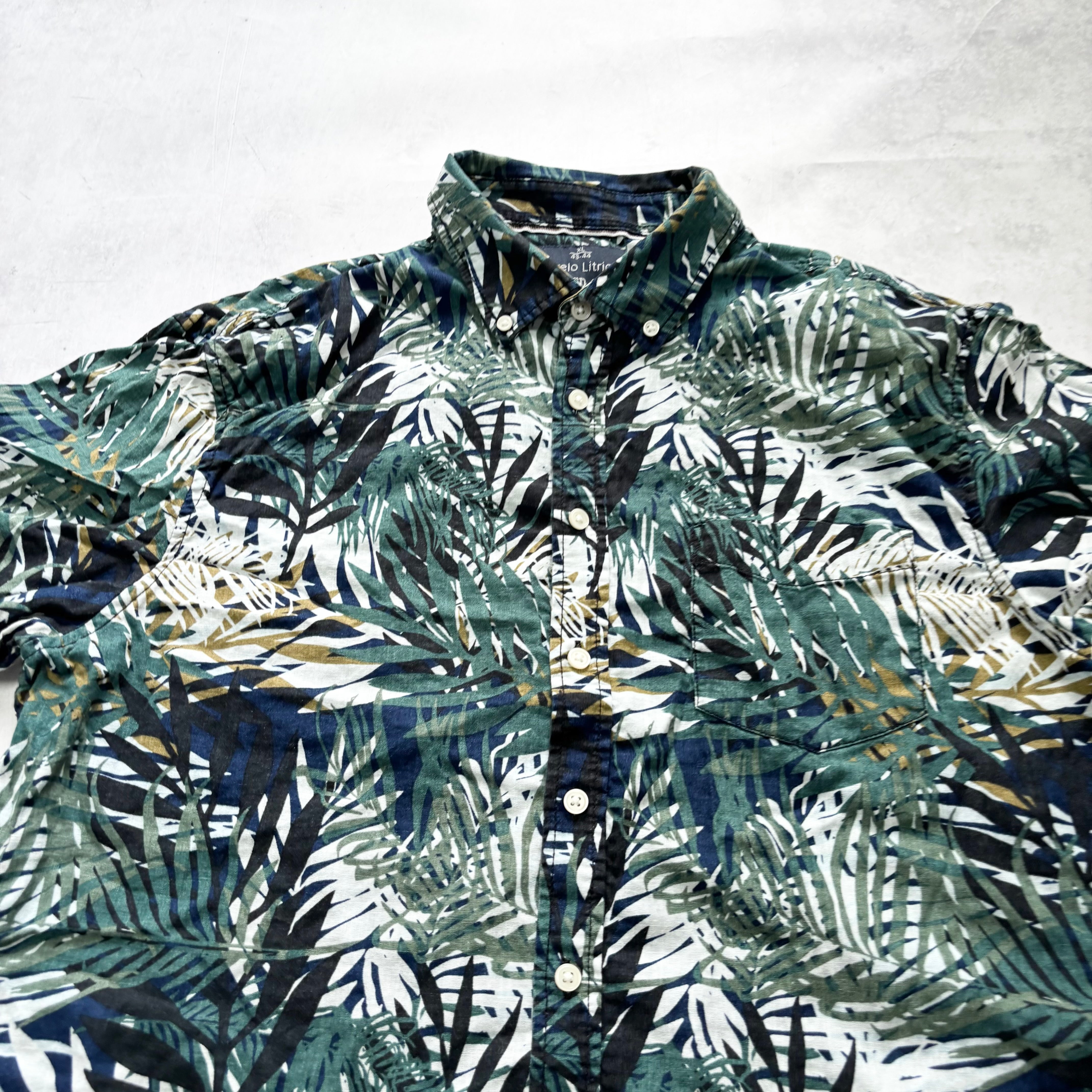 Hawaiian Shirt Mens XL Navy Green Floral Aloha Short Sleeve Slim Linen (E)