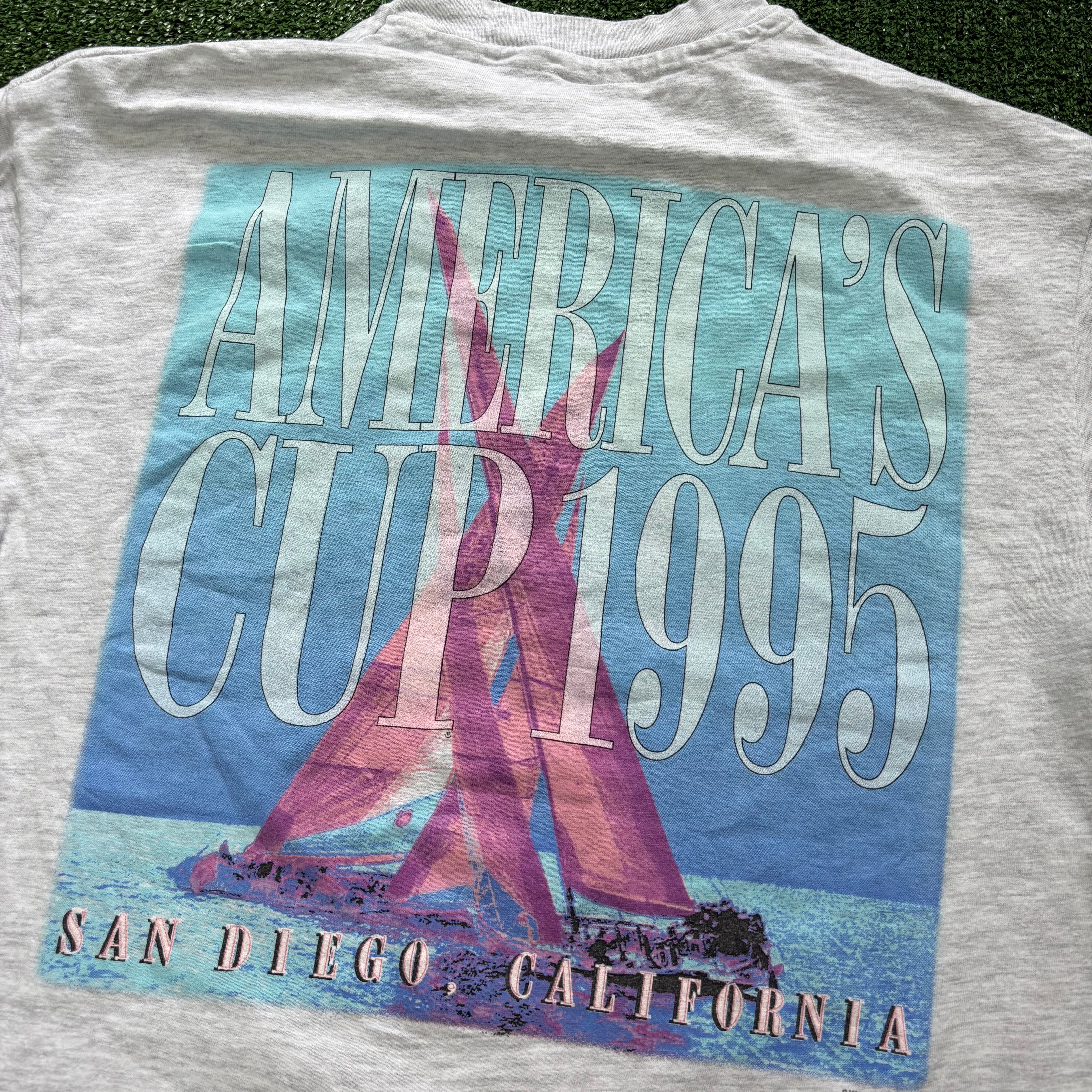 Vintage T Shirt Mens Large Grey Single Stitch Graphic Print 90s Sailing (E)