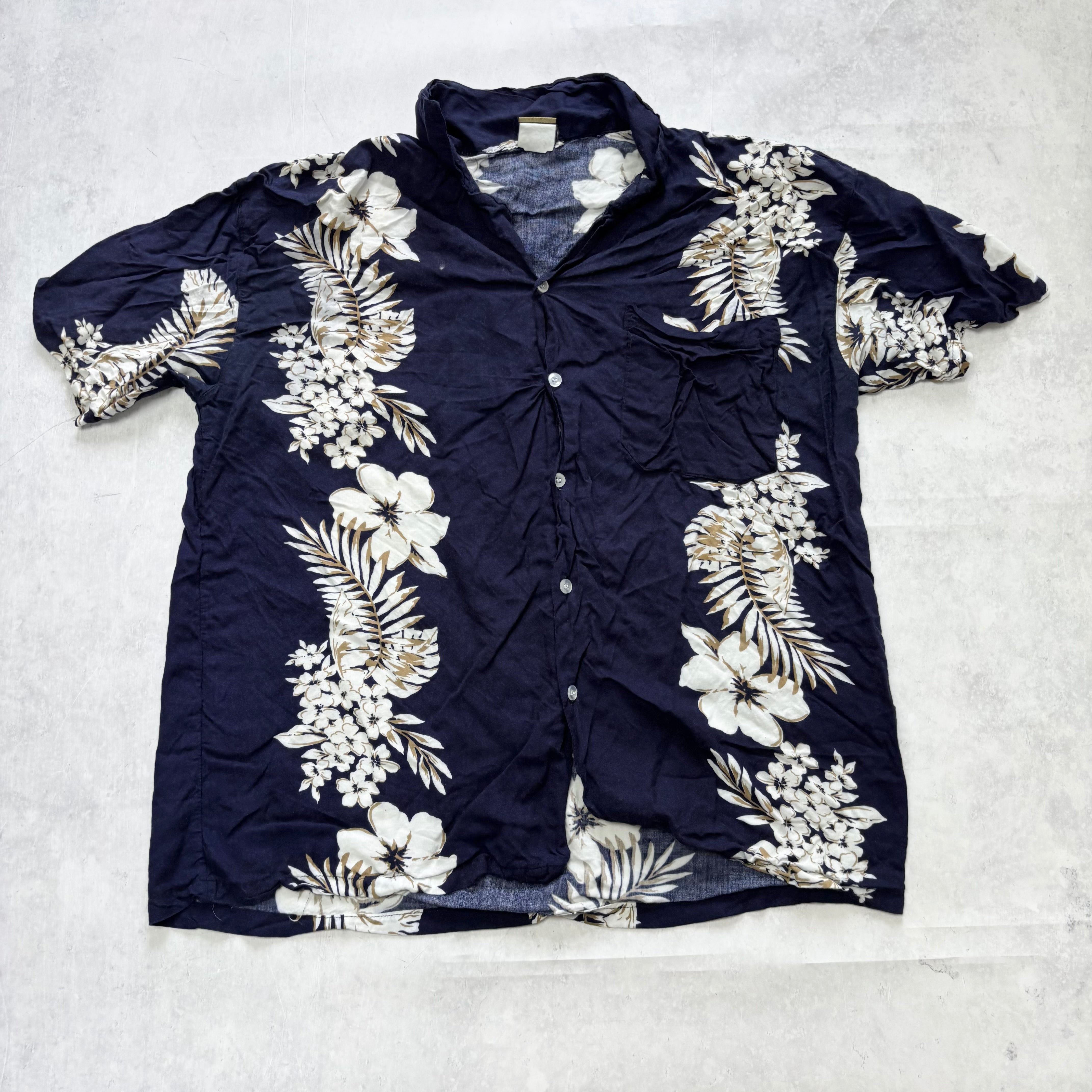 Hawaiian Shirt Mens Medium Navy Blue Floral Aloha Short Sleeve Rayon