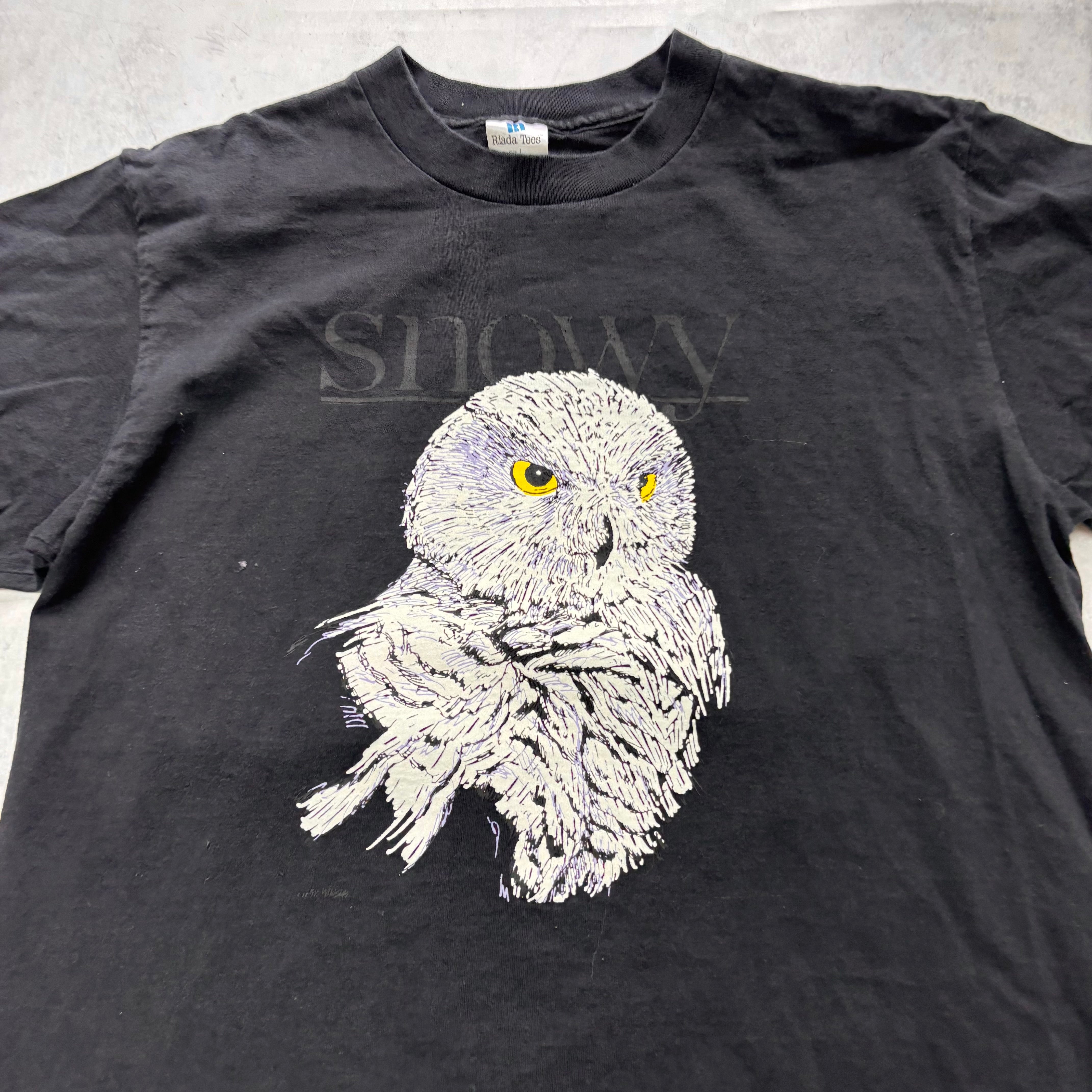 Vintage T Shirt Mens Medium Black Single Stitch Graphic Print 90s Owl (E)