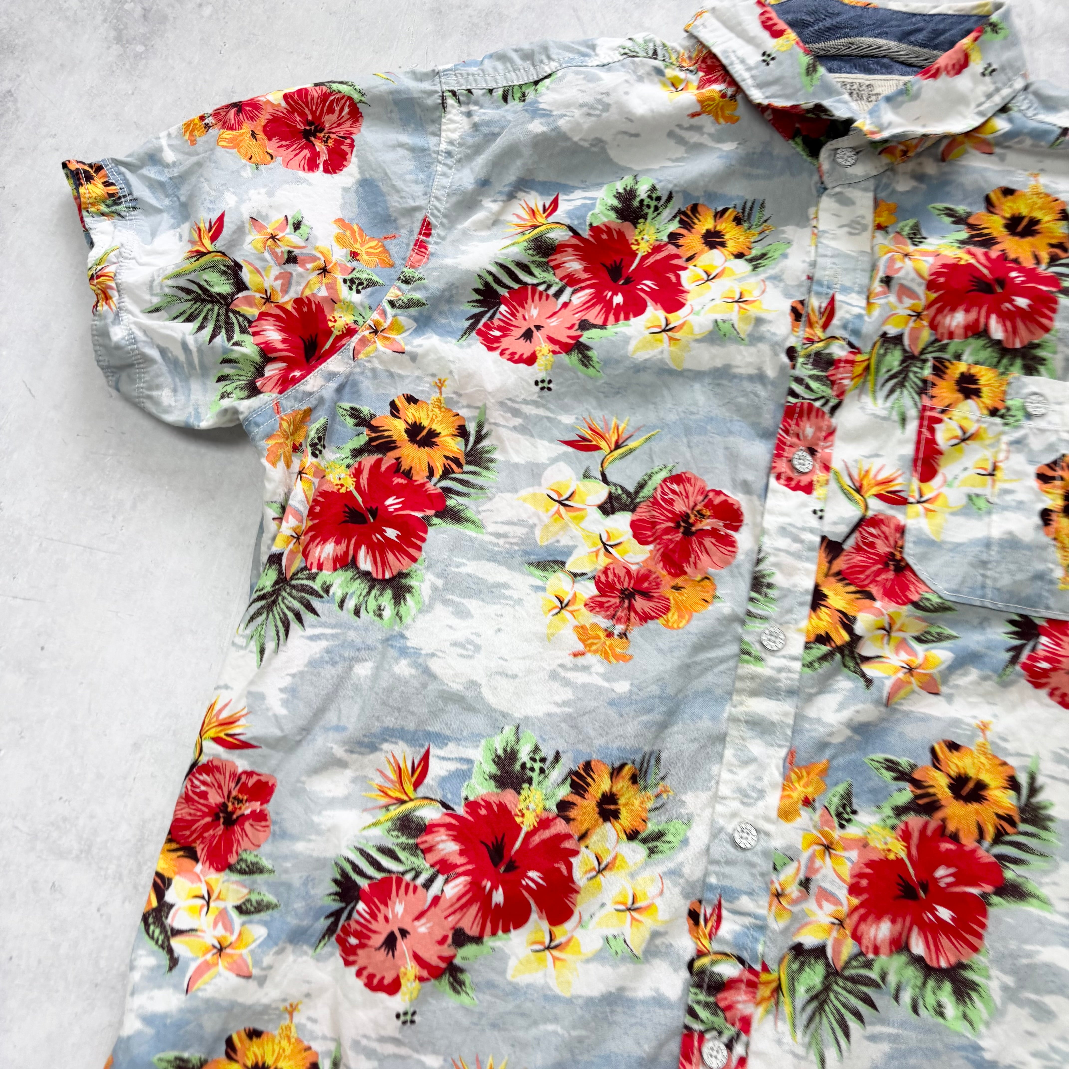 Hawaiian Shirt Mens Large Blue Floral Aloha Regular Fit Cotton (E)