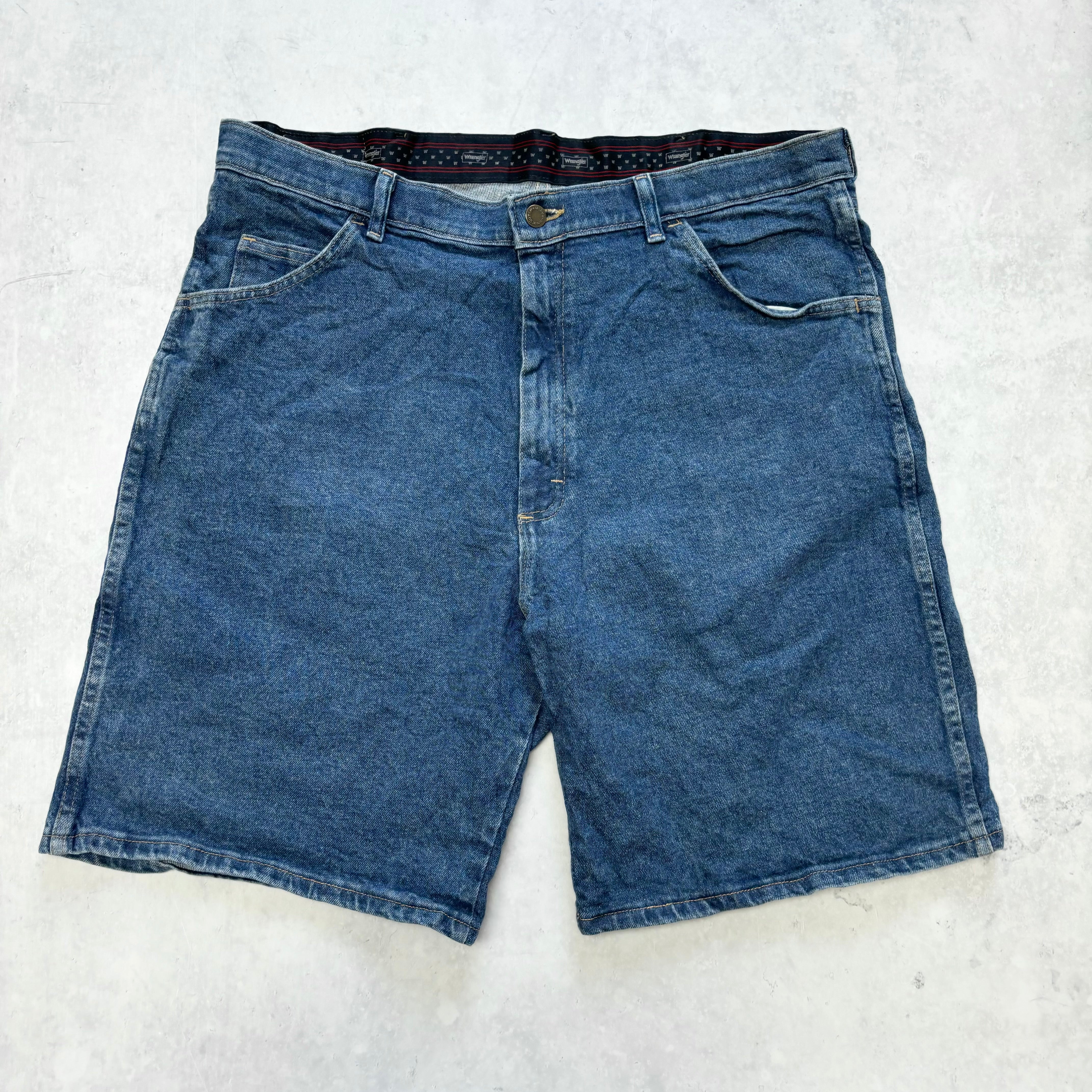 Vintage Wrangler Jorts W38 Mens Denim Shorts Mid Blue Baggy Relaxed Fit Stretch