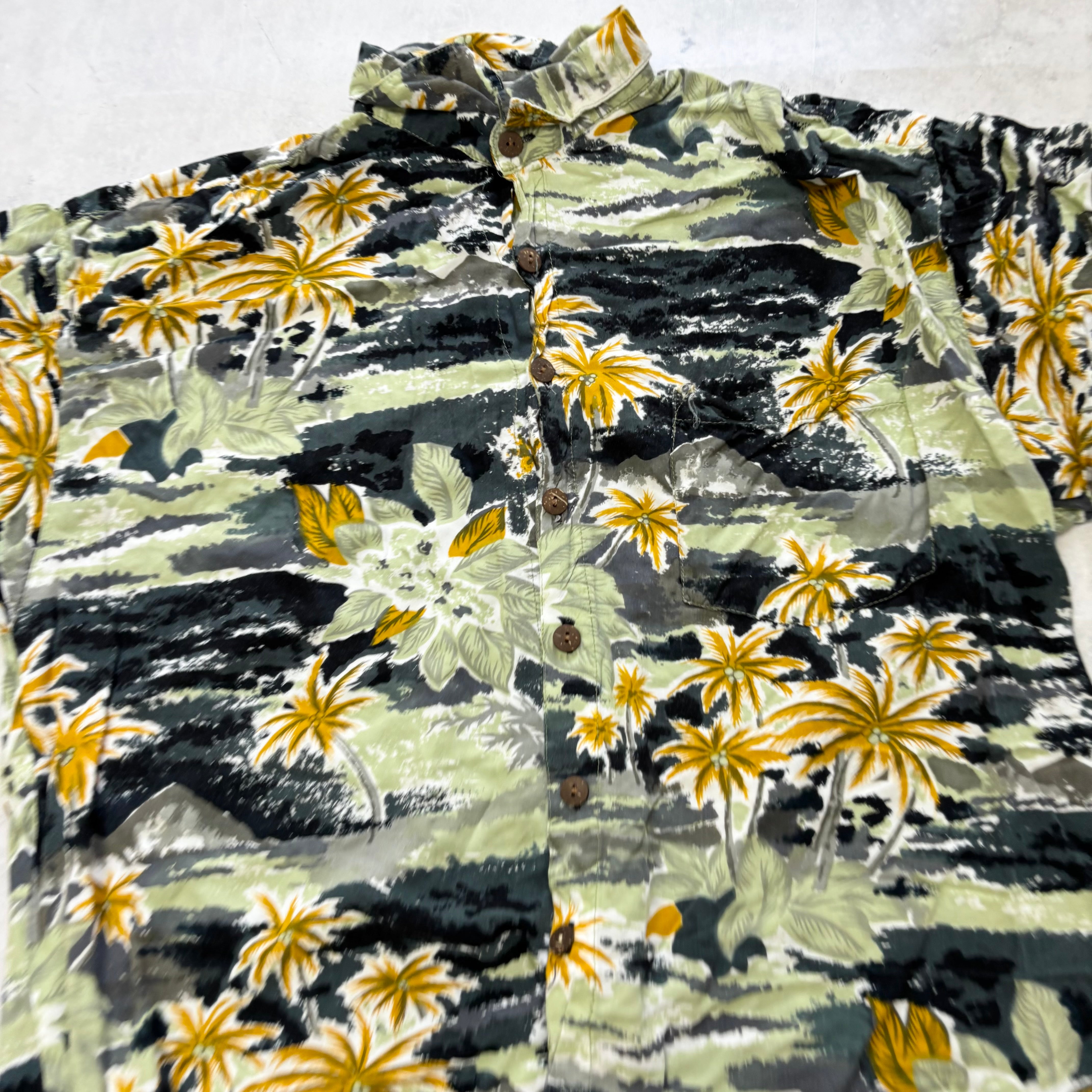 Vintage Hawaiian Shirt Mens Large Green Floral Aloha Short Sleeve Rayon (E)