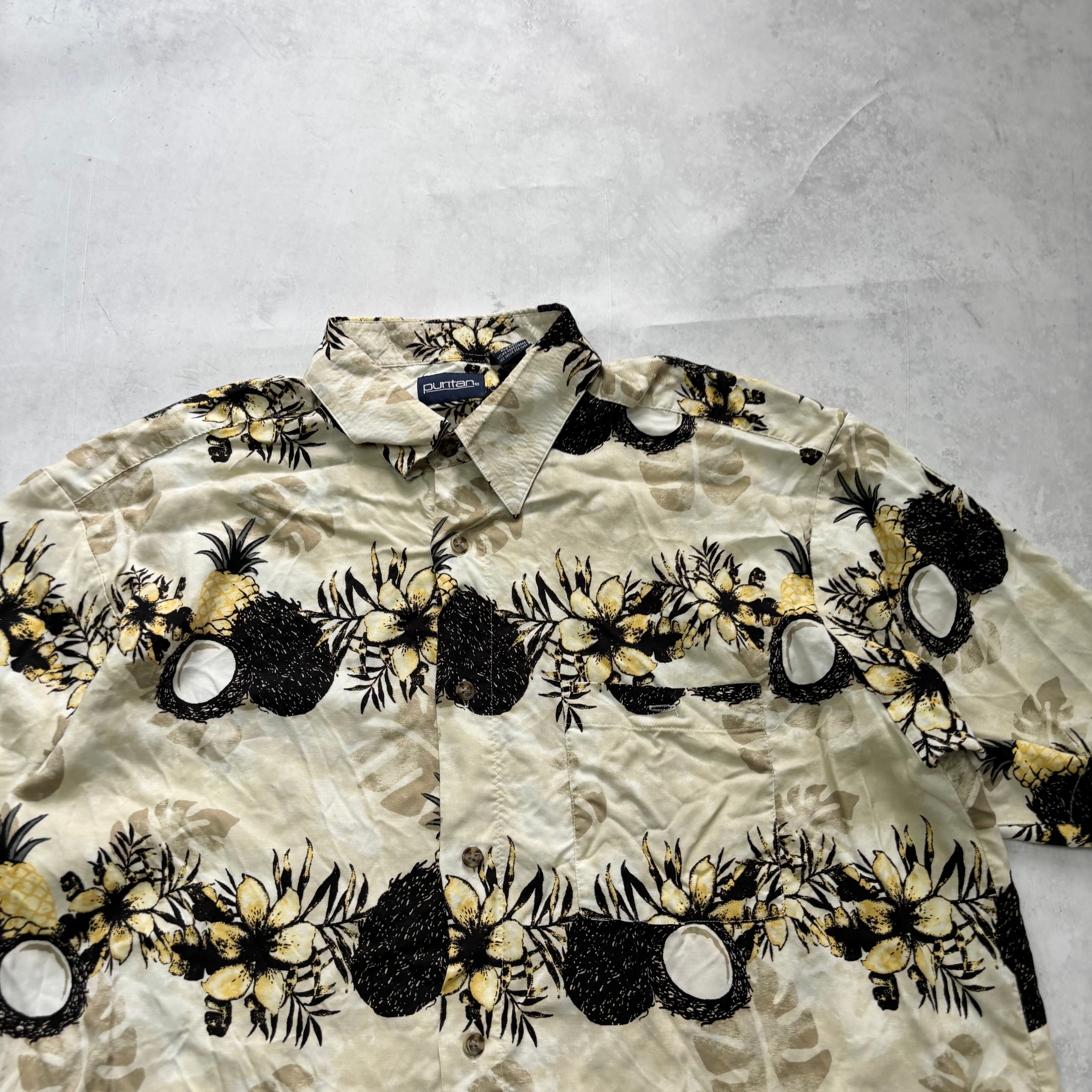Vintage Hawaiian Shirt Mens Large Yellow Floral Aloha Short Sleeve Rayon (E)
