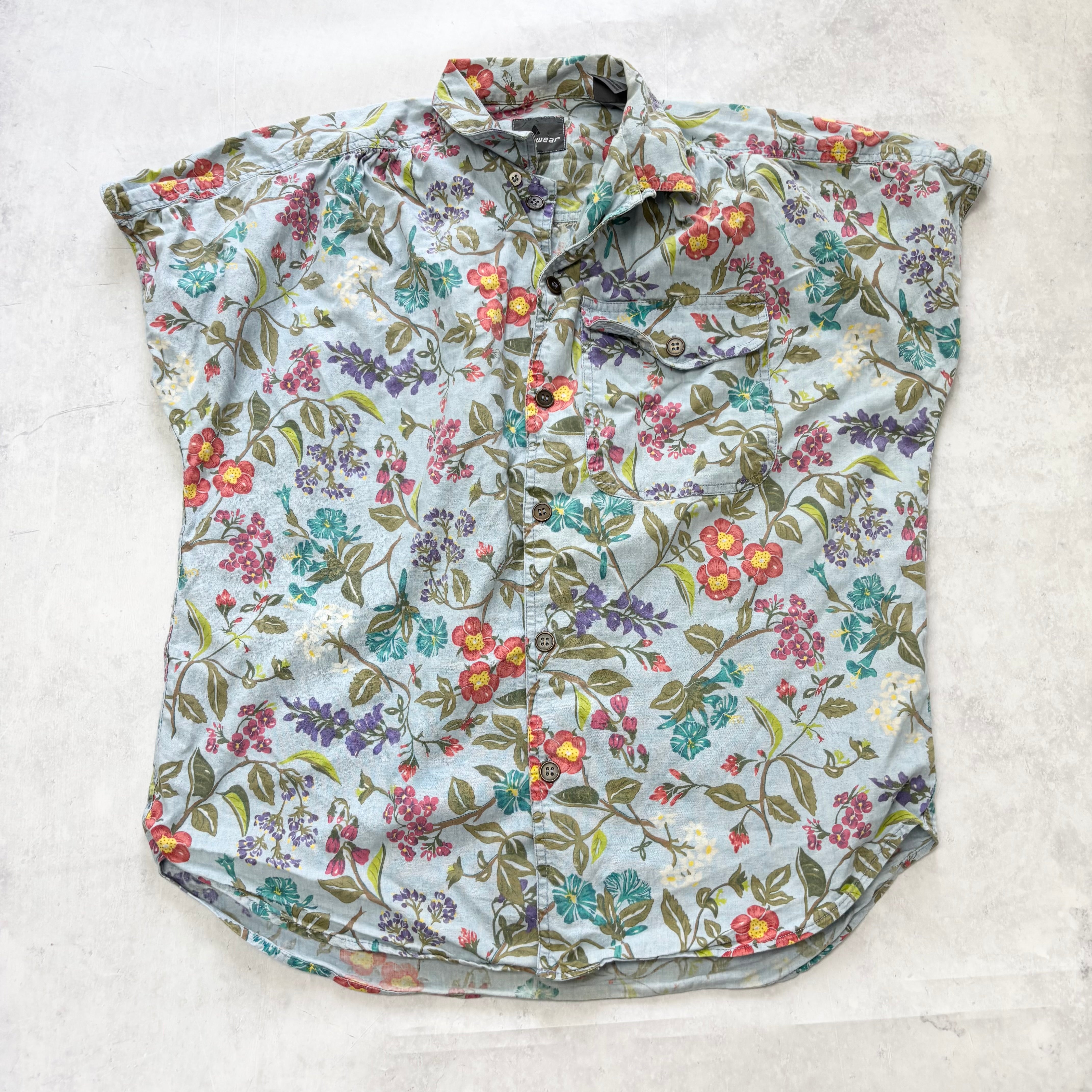 Hawaiian Shirt Mens Large Blue Floral Aloha Short Sleeve Cotton Sleeveless (E)