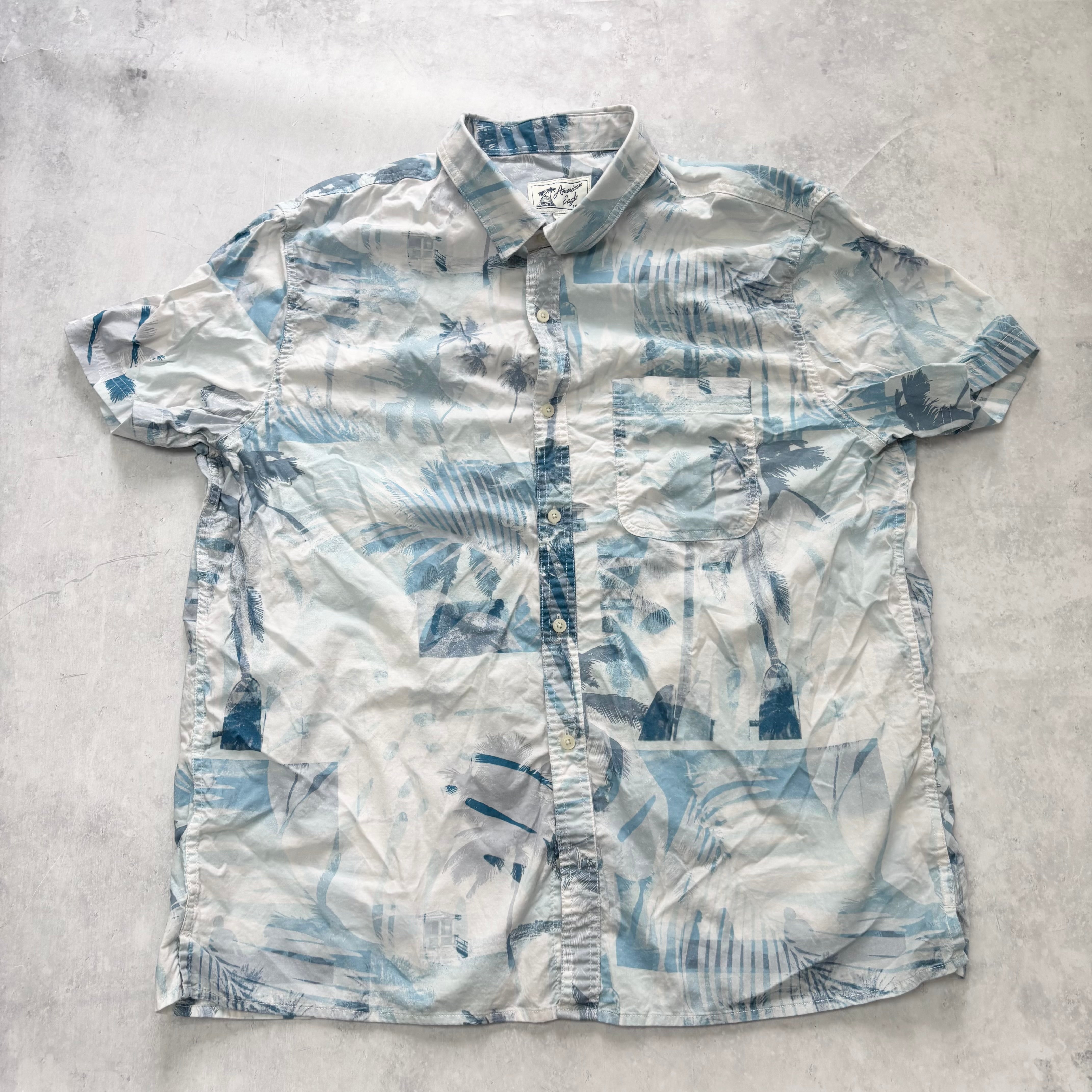 American Eagle Hawaiian Shirt Mens XXL Blue Floral Cotton Slim Fit (E)