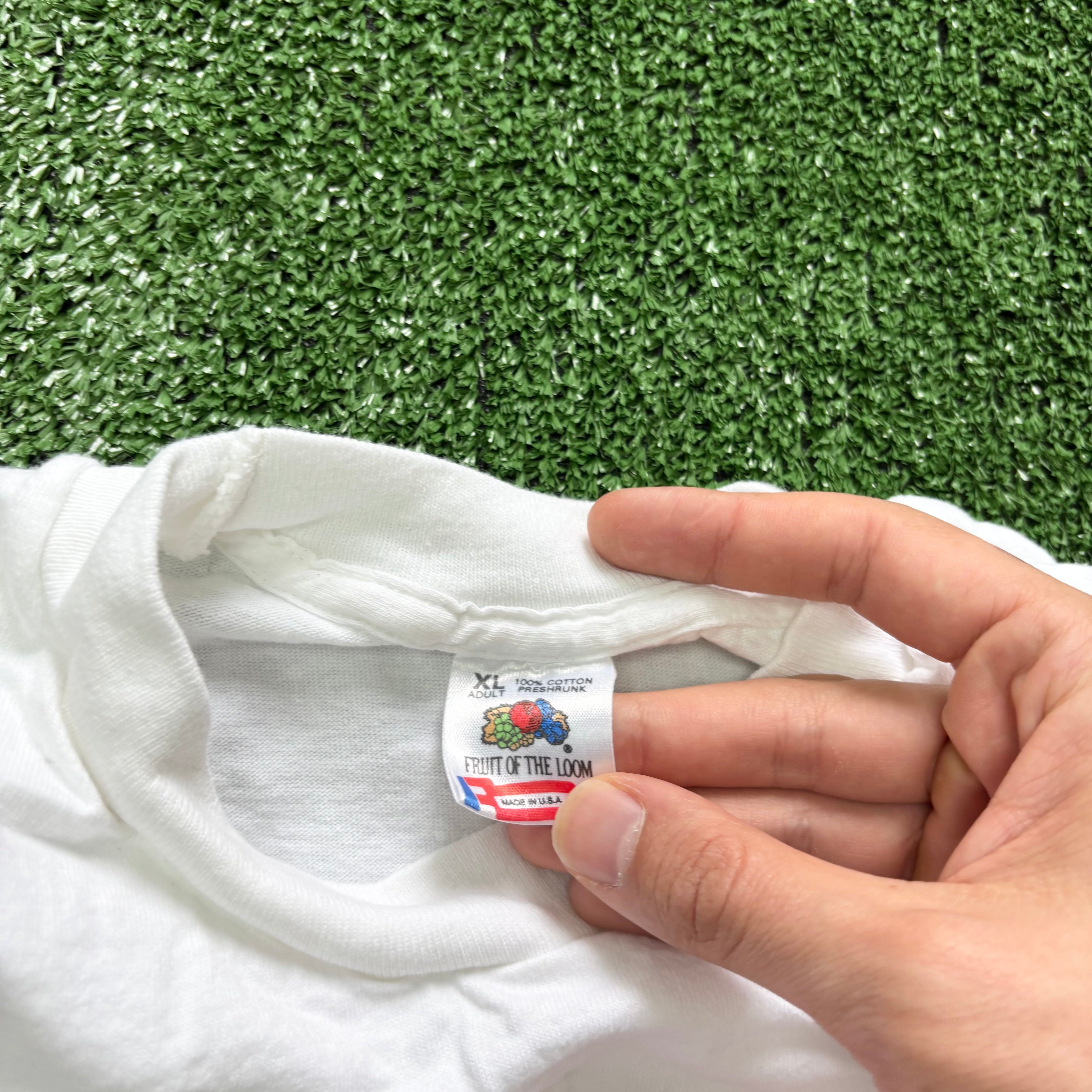 Vintage T Shirt Mens Large White Single Stitch Graphic Print 90s Boxy Fit