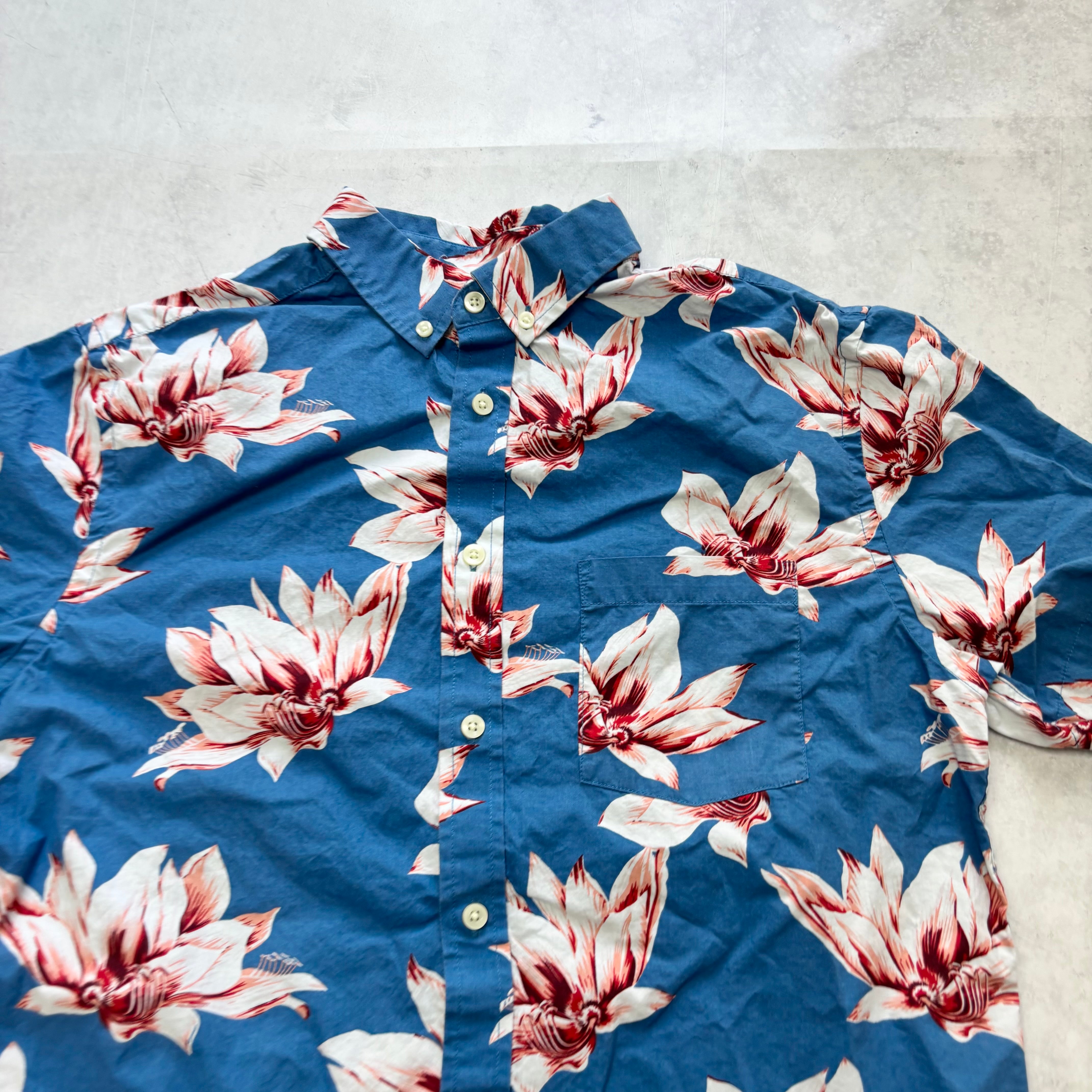 Hawaiian Shirt Mens Medium Blue Floral Short Sleeve Cotton Regular Fit (E)
