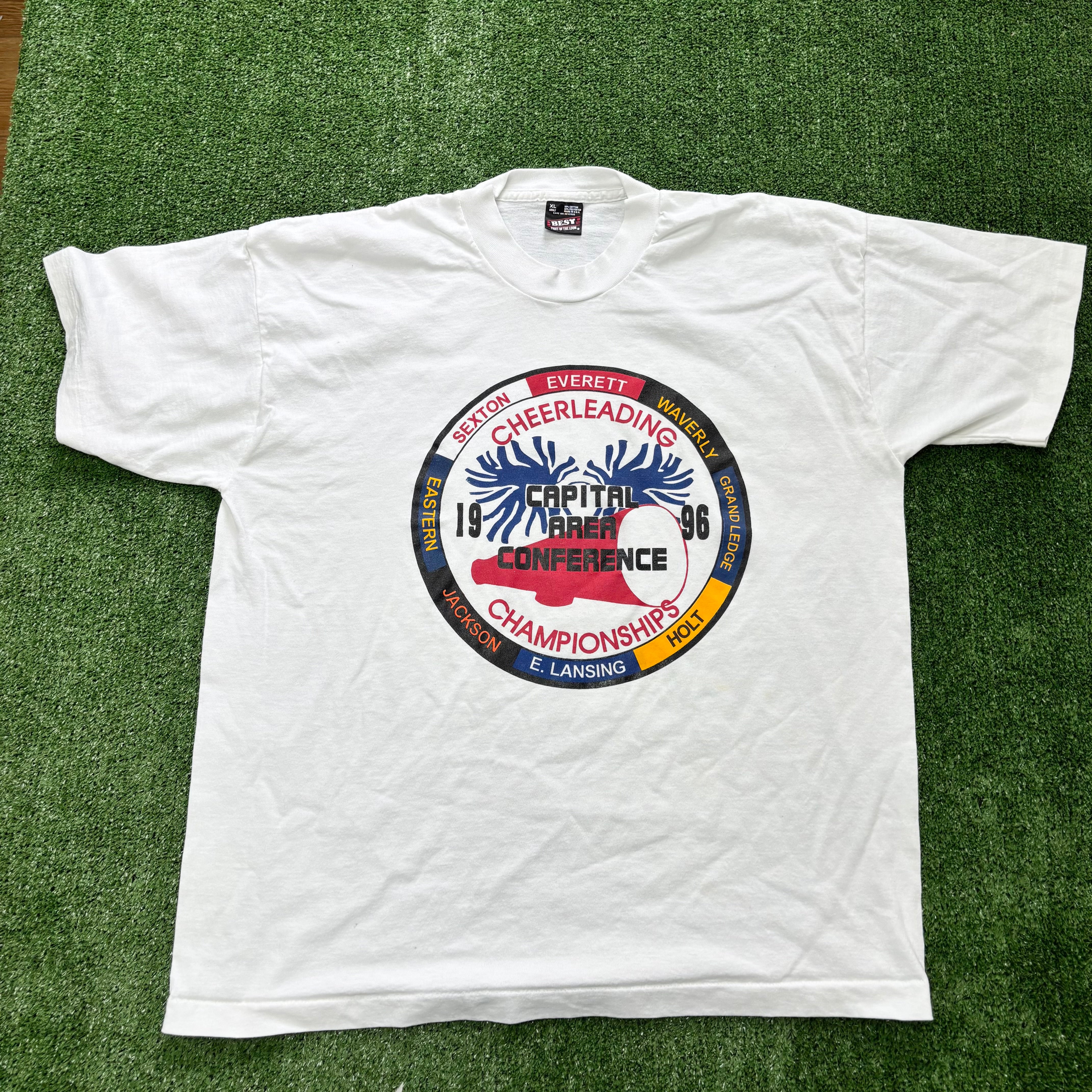 Vintage T Shirt Mens XL White Single Stitch Graphic Print 90s USA Cheer