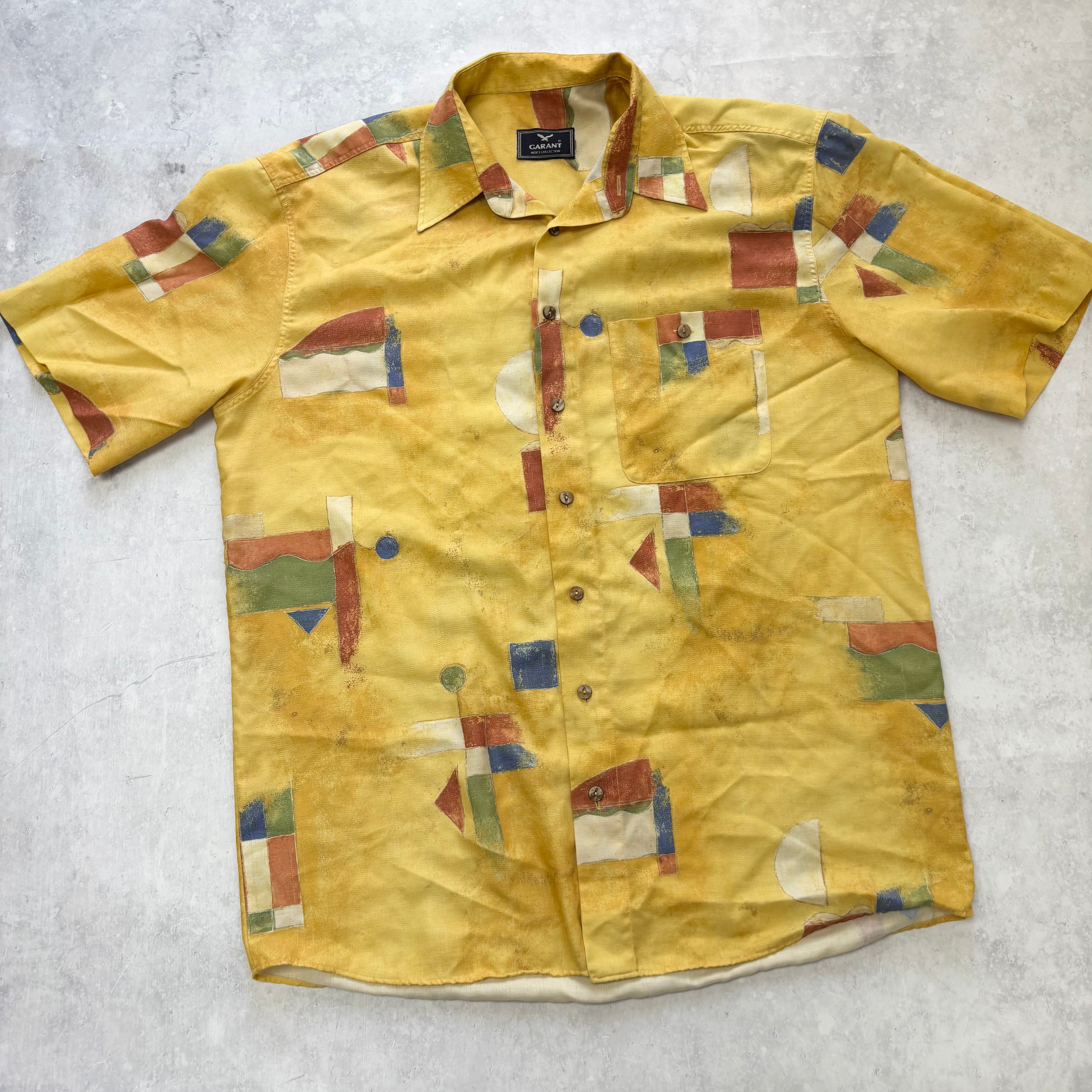 Vintage Funky Shirt Mens Large Yellow Art Abstract Short Sleeve (E)