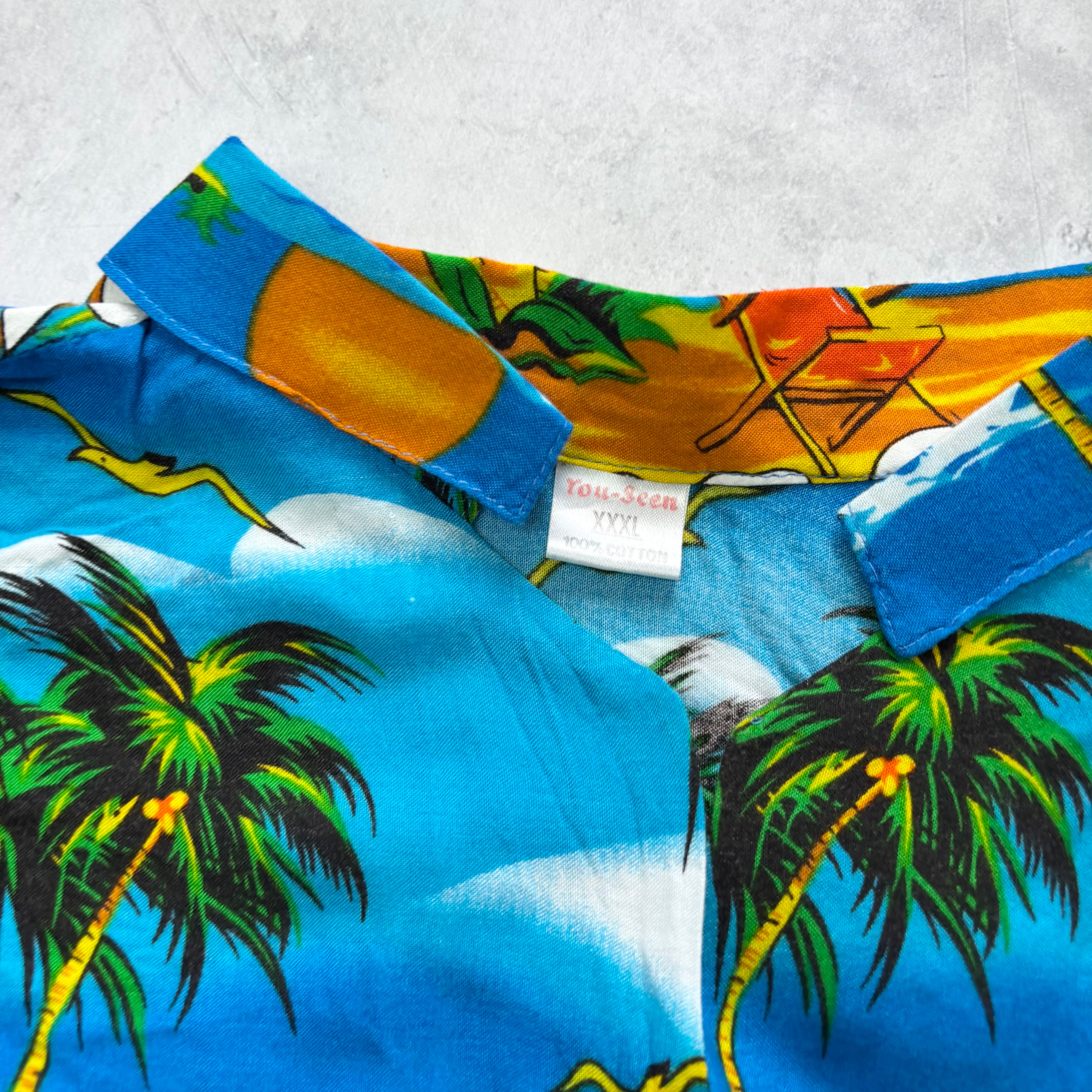 Hawaiian Shirt Mens Large Blue Floral Aloha Short Sleeve Cotton (E)