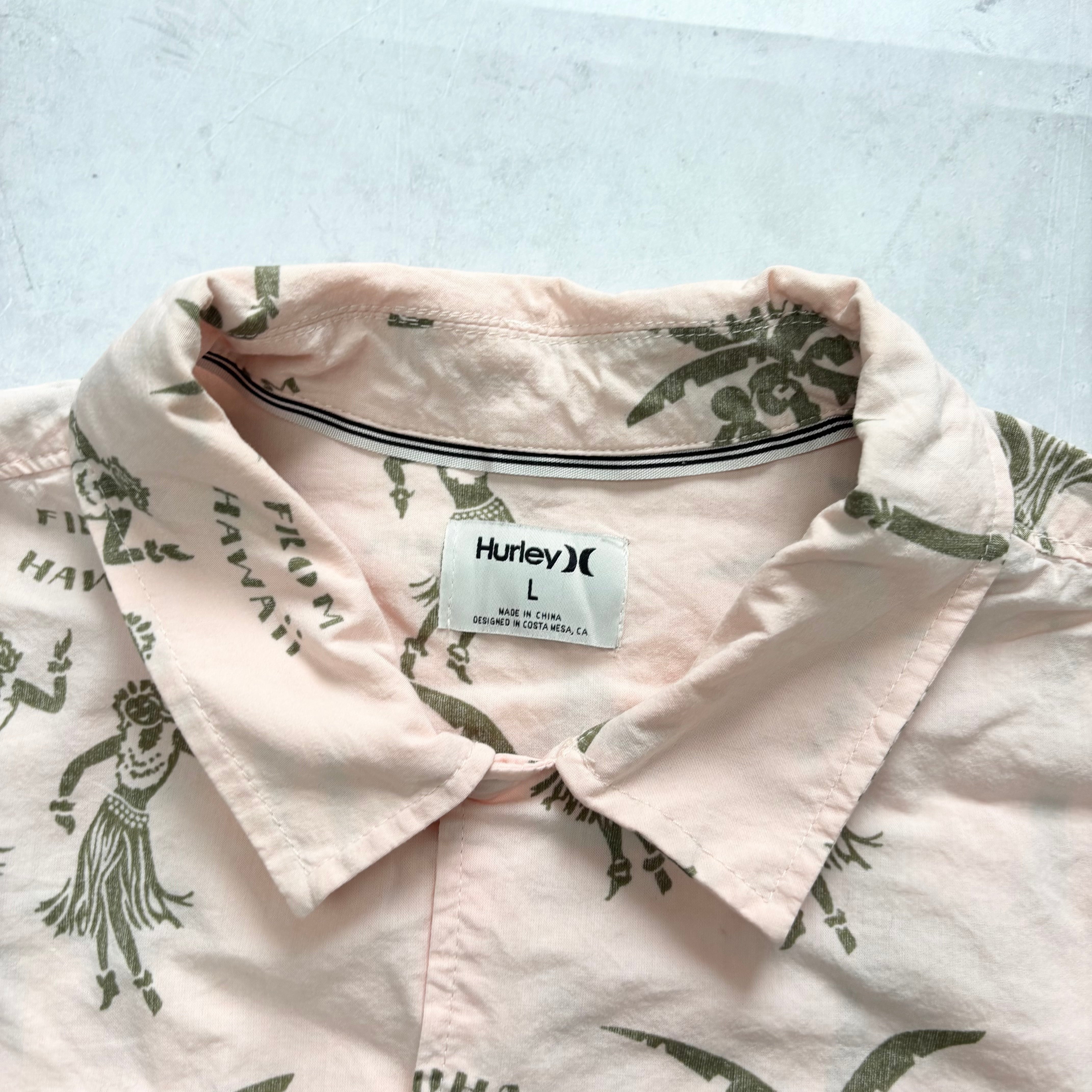 Hurley Hawaiian Shirt Mens Large Pink Floral Aloha Short Sleeve Surf (E)