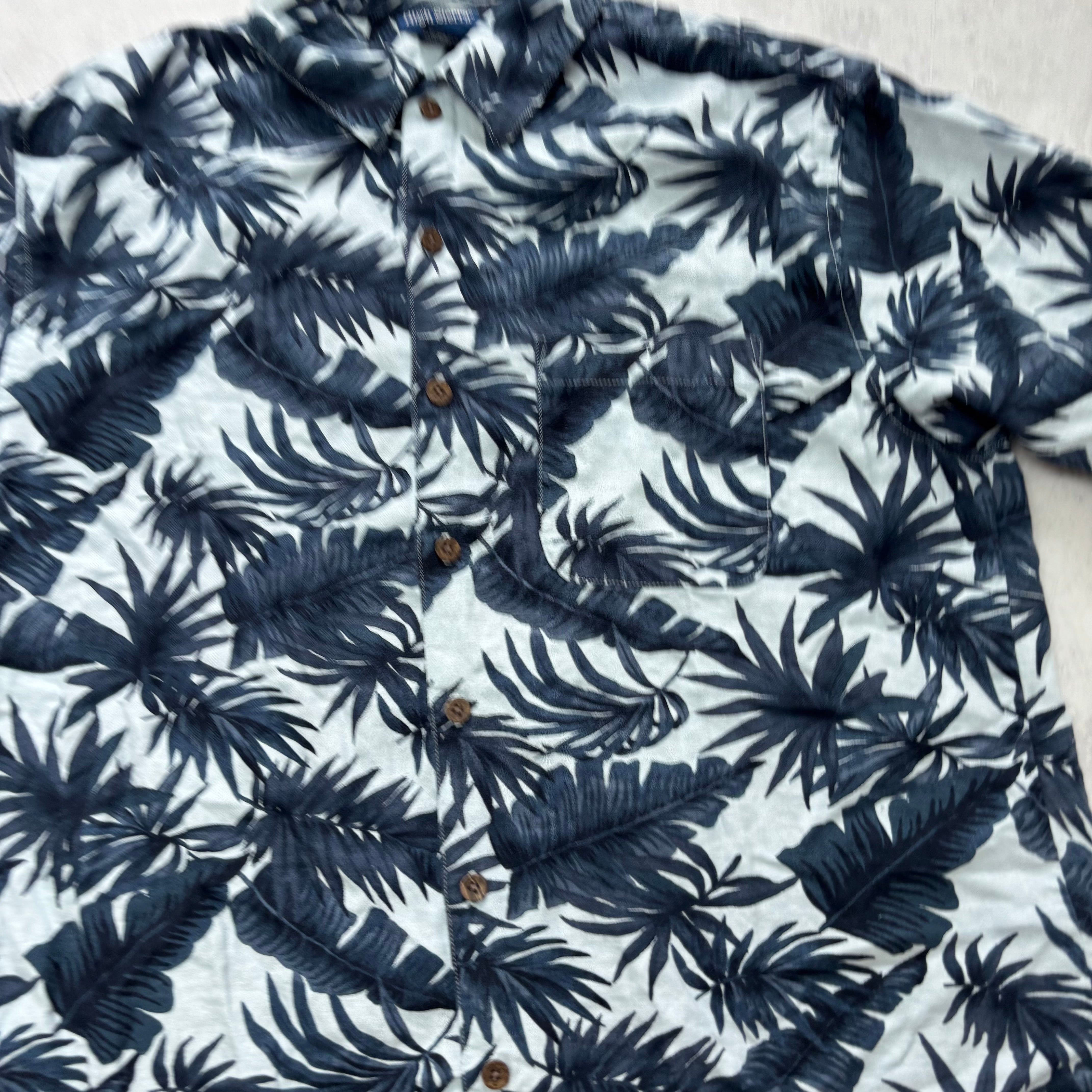 Hawaiian Shirt Mens Medium Blue Floral Aloha Short Sleeve Linen Blend (E)