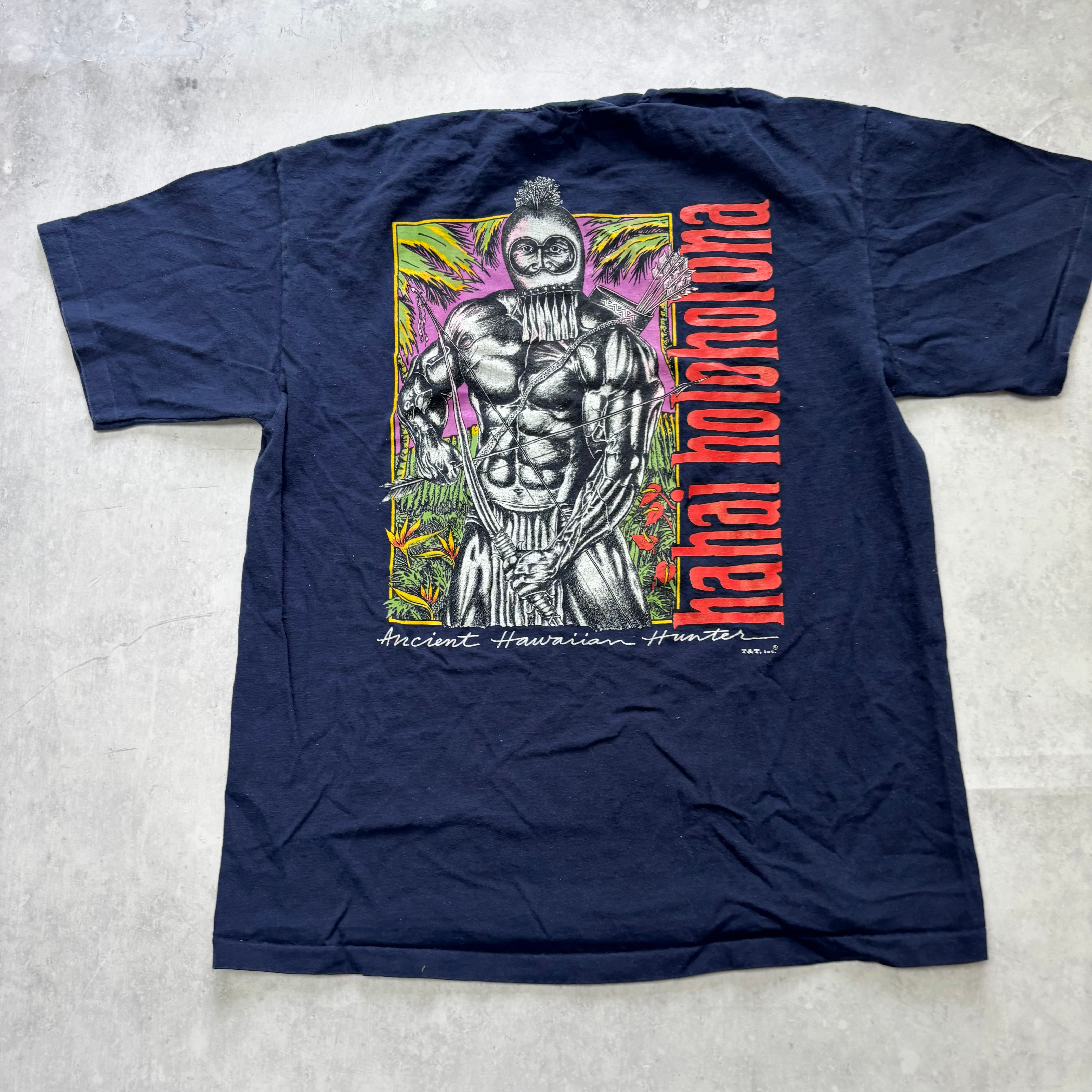 Vintage T Shirt Mens Medium Navy Blue Single Stitch Graphic Print 90s Hawaii