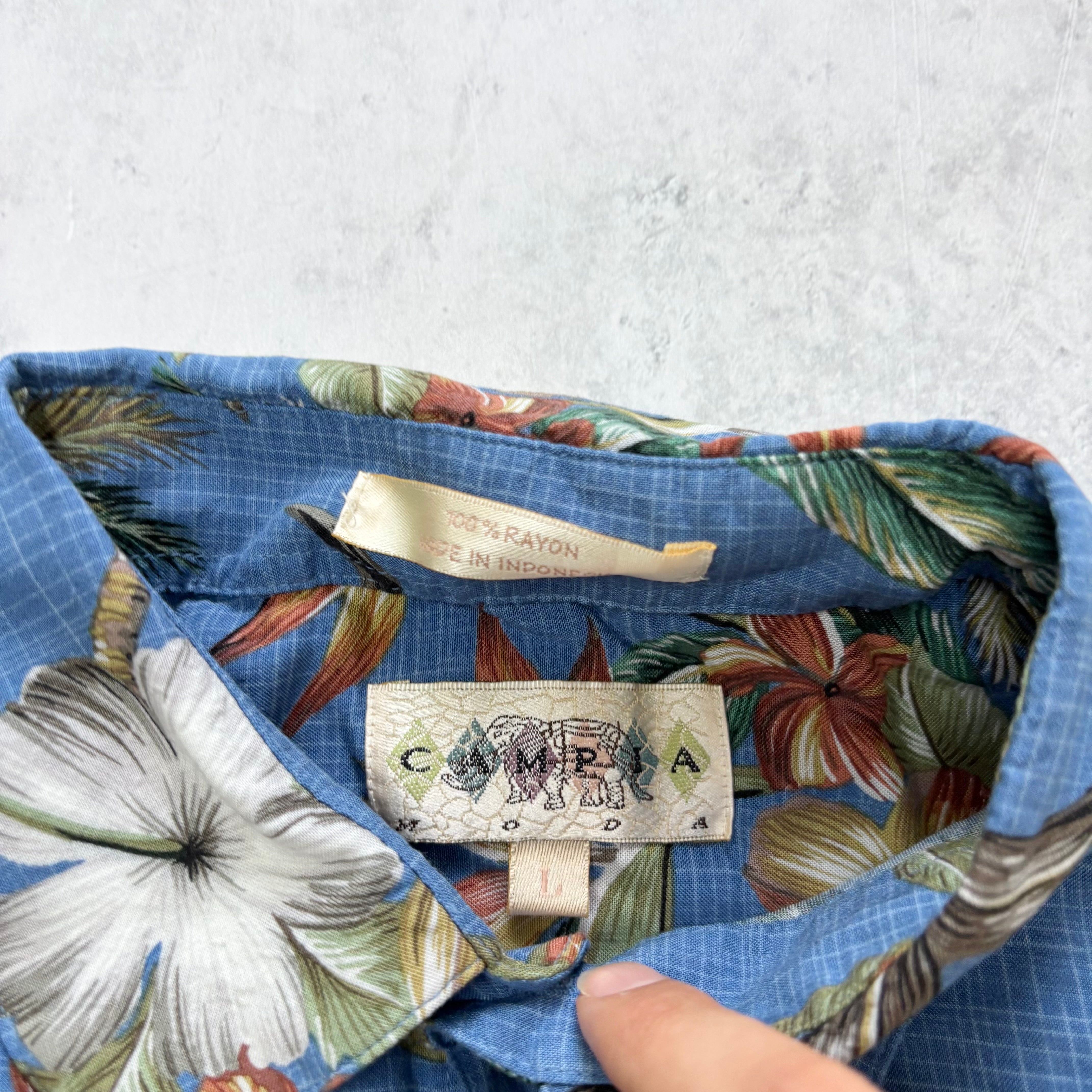 Vintage Hawaiian Shirt Mens Large Blue Floral Aloha Short Sleeve Rayon (E)