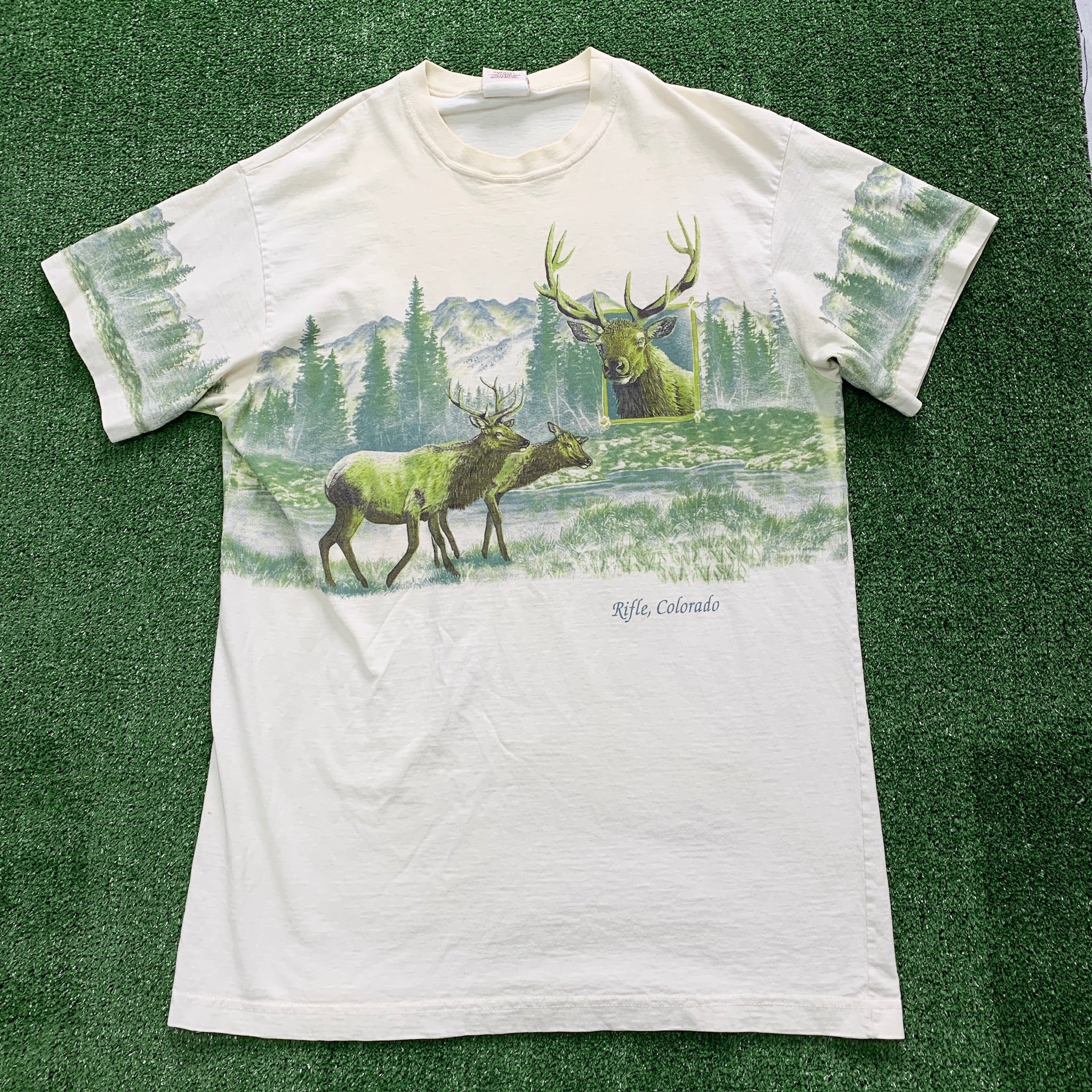 Vintage T Shirt Mens XL Cream White Graphic Print 90s USA Tourist Nature