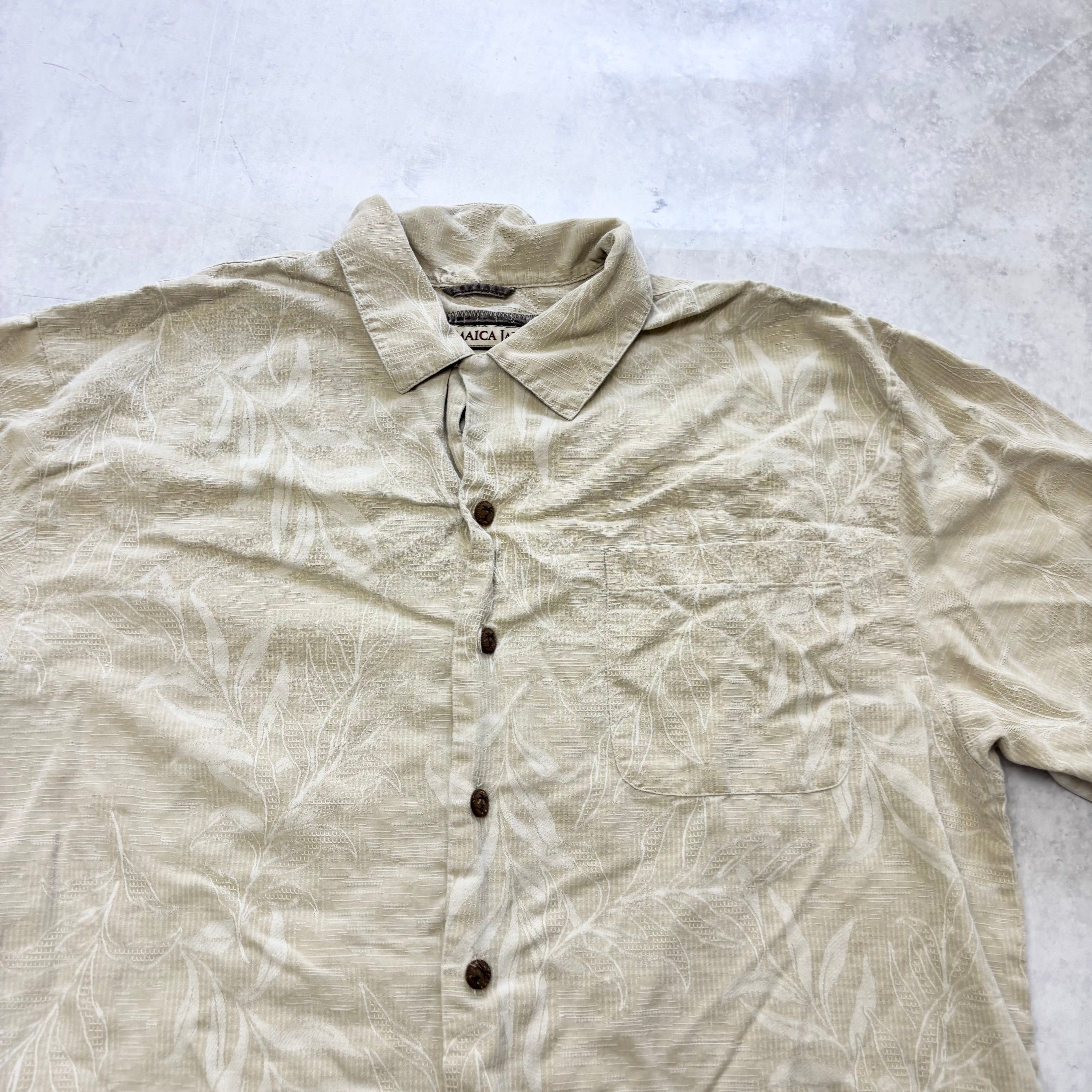 Vintage Hawaiian Shirt Mens Large Beige Silk Floral Aloha Short Sleeve (E)