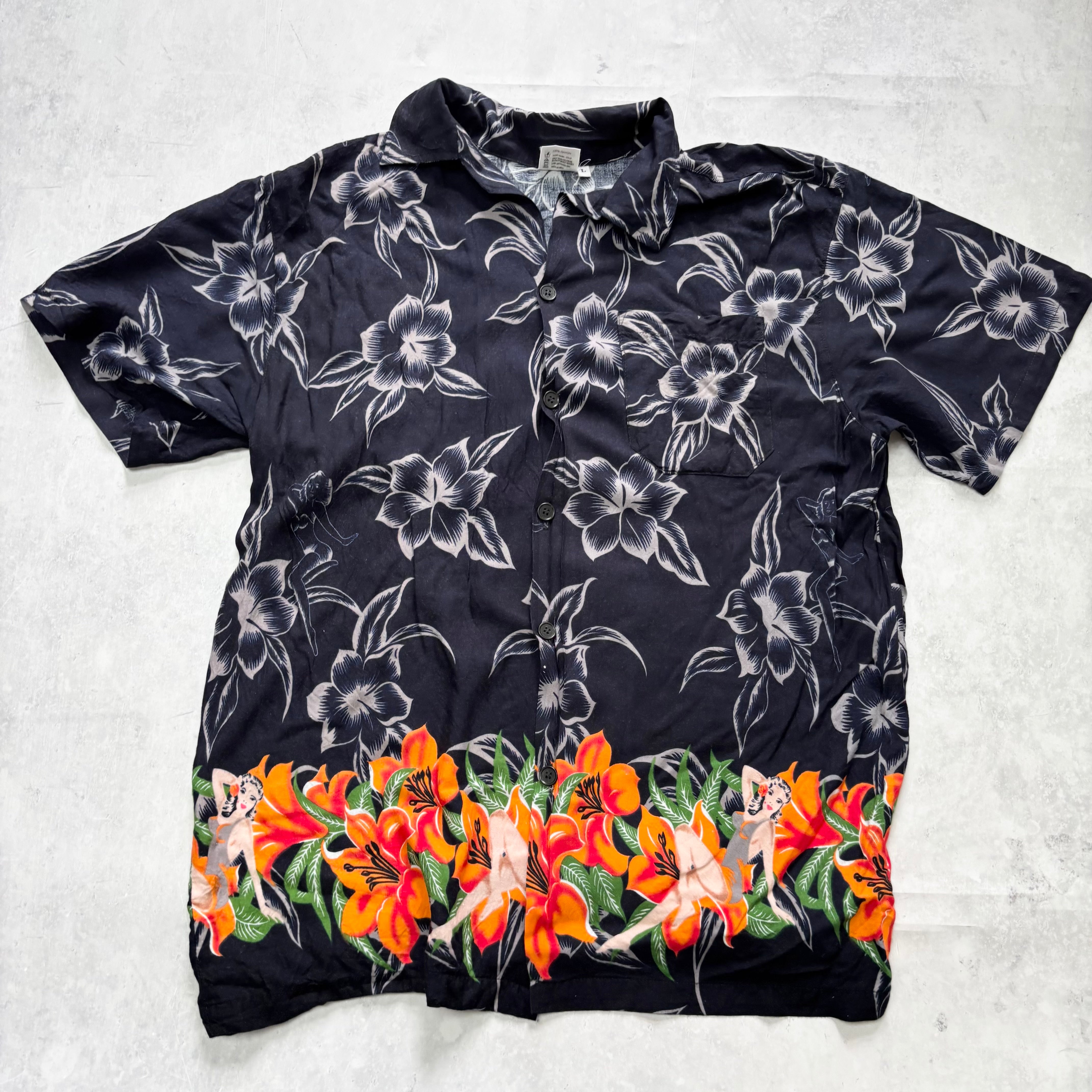 Vintage Hawaiian Shirt Mens Medium Navy Floral Aloha Short Sleeve Rayon